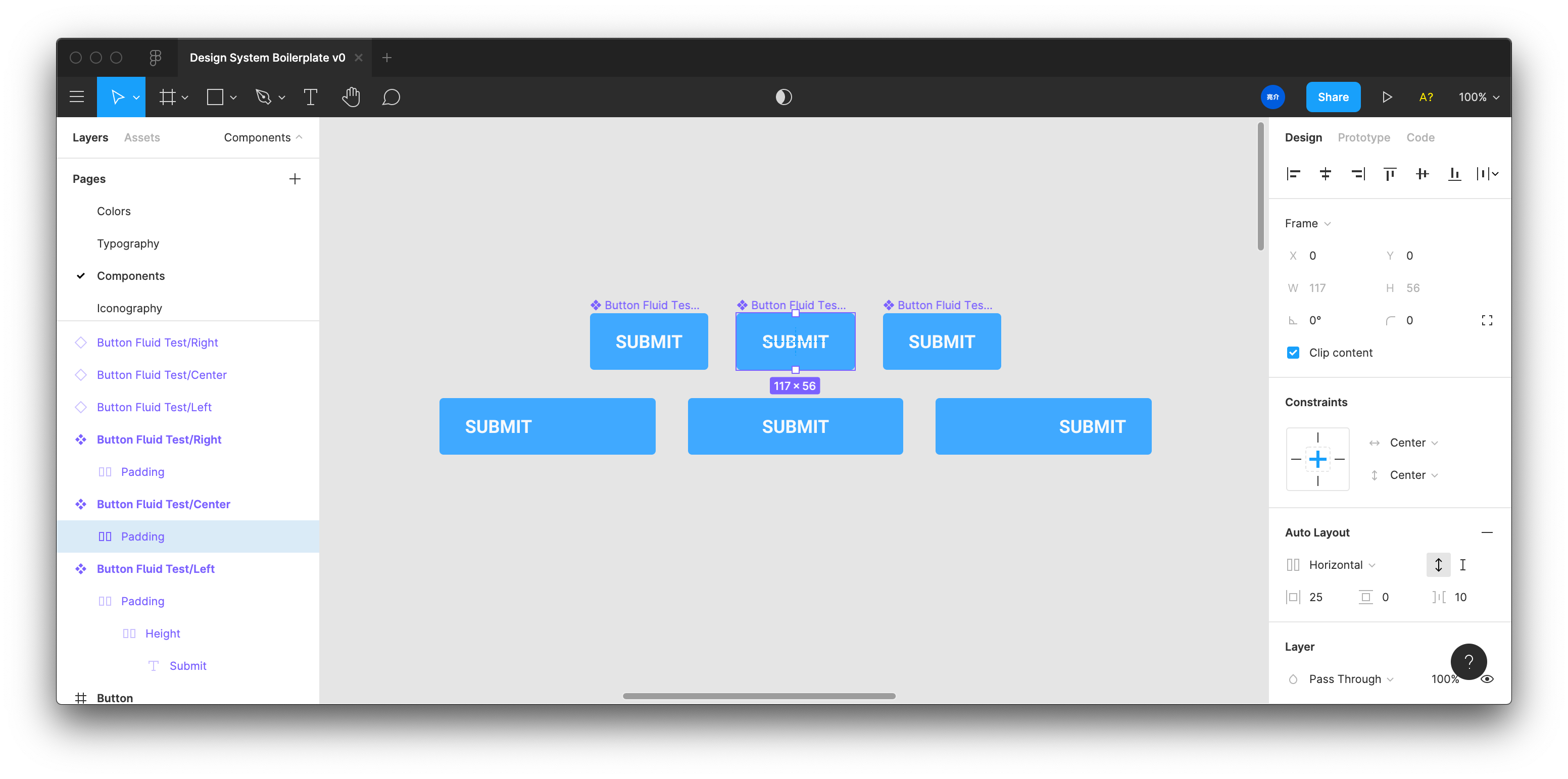 Screenshot of Figma app with 3 button components, and an instance of each stretched out to display fluidity and alignment