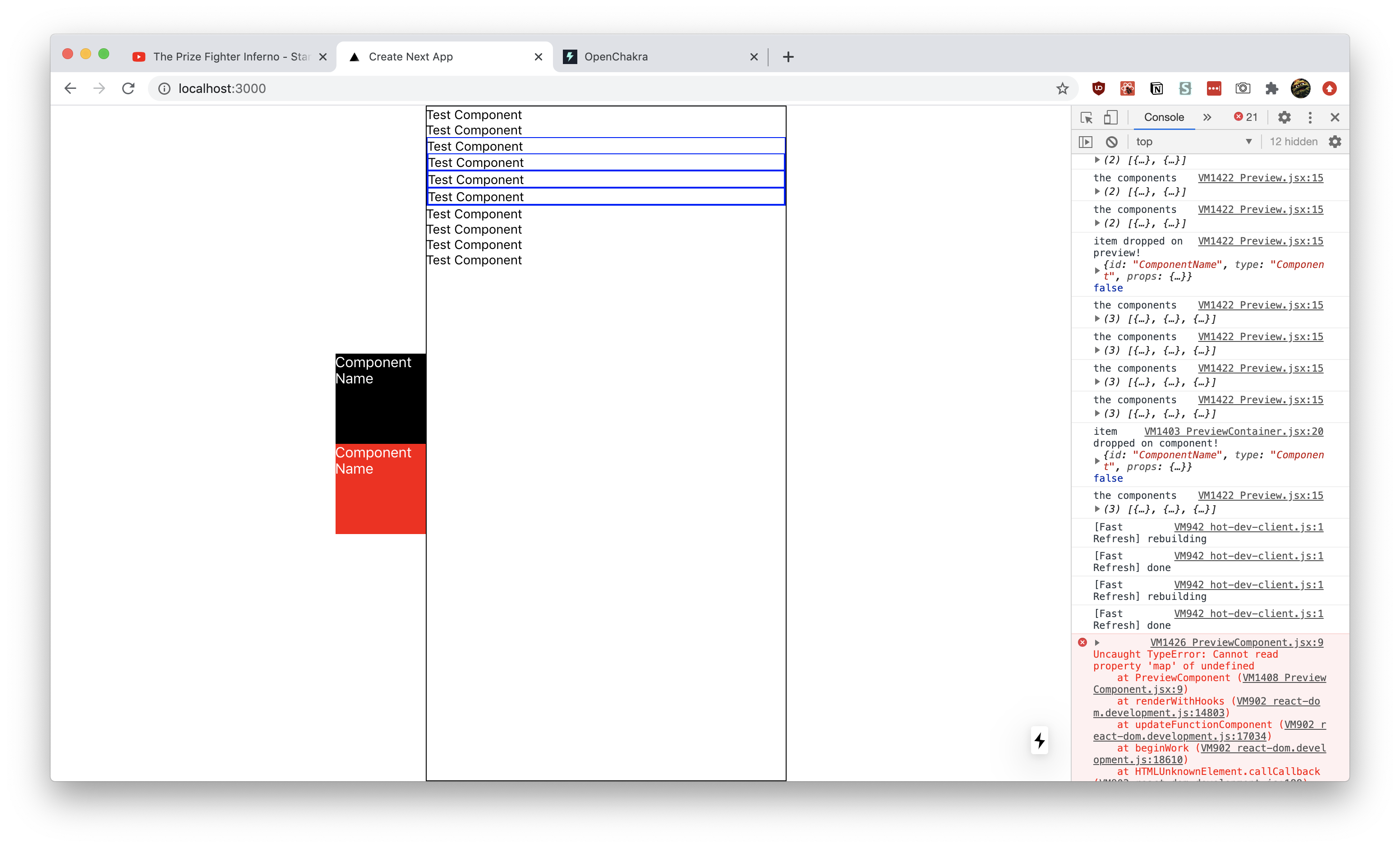 The drag and drop builder in action. Two test components are displayed in
the left sidebar as black and red boxes. The preview window occupies the
middle of the screen as a black bordered box that renders a list of
components. Blue bordered components in the preview box represent nested
components