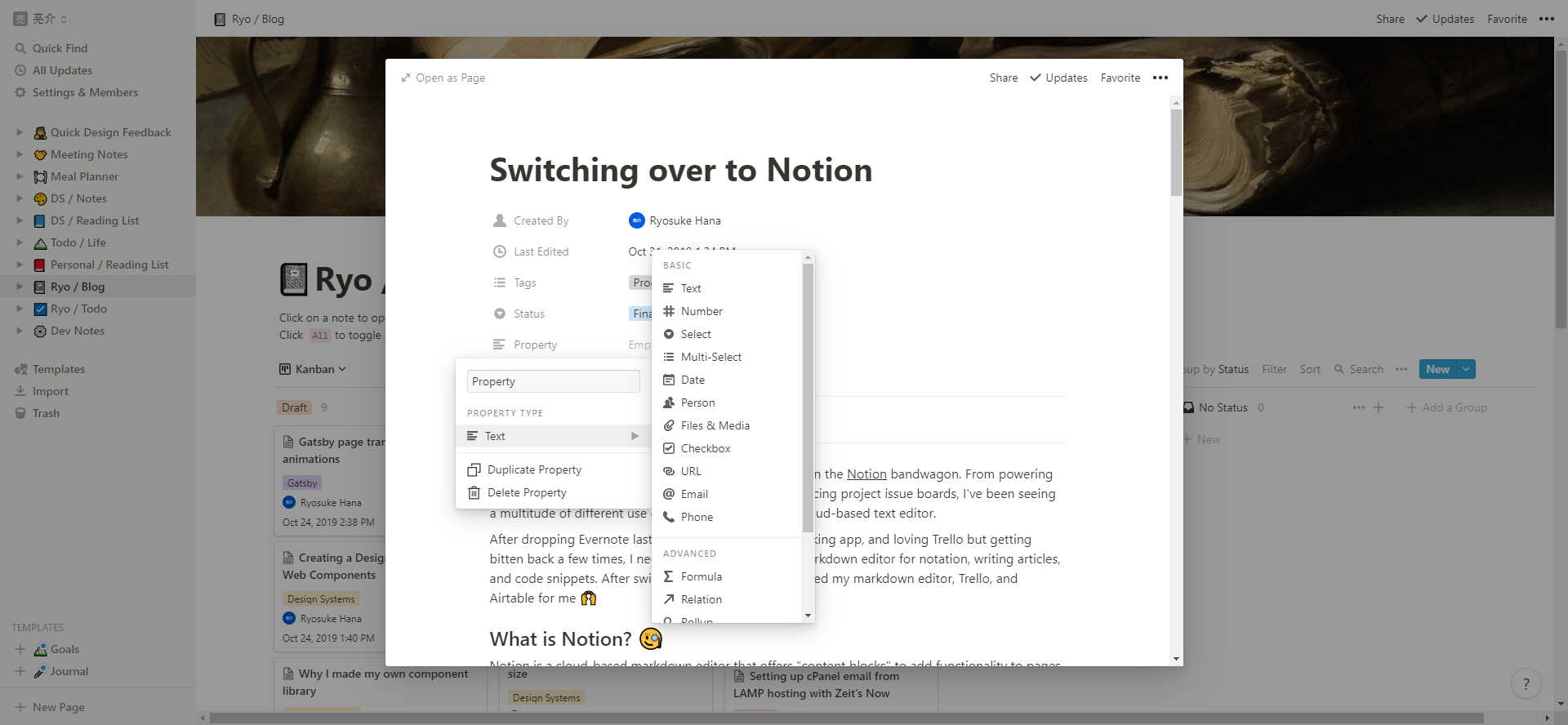 Screenshot of this blog post inside of Notion, with a popup displaying the various data types Notion supports