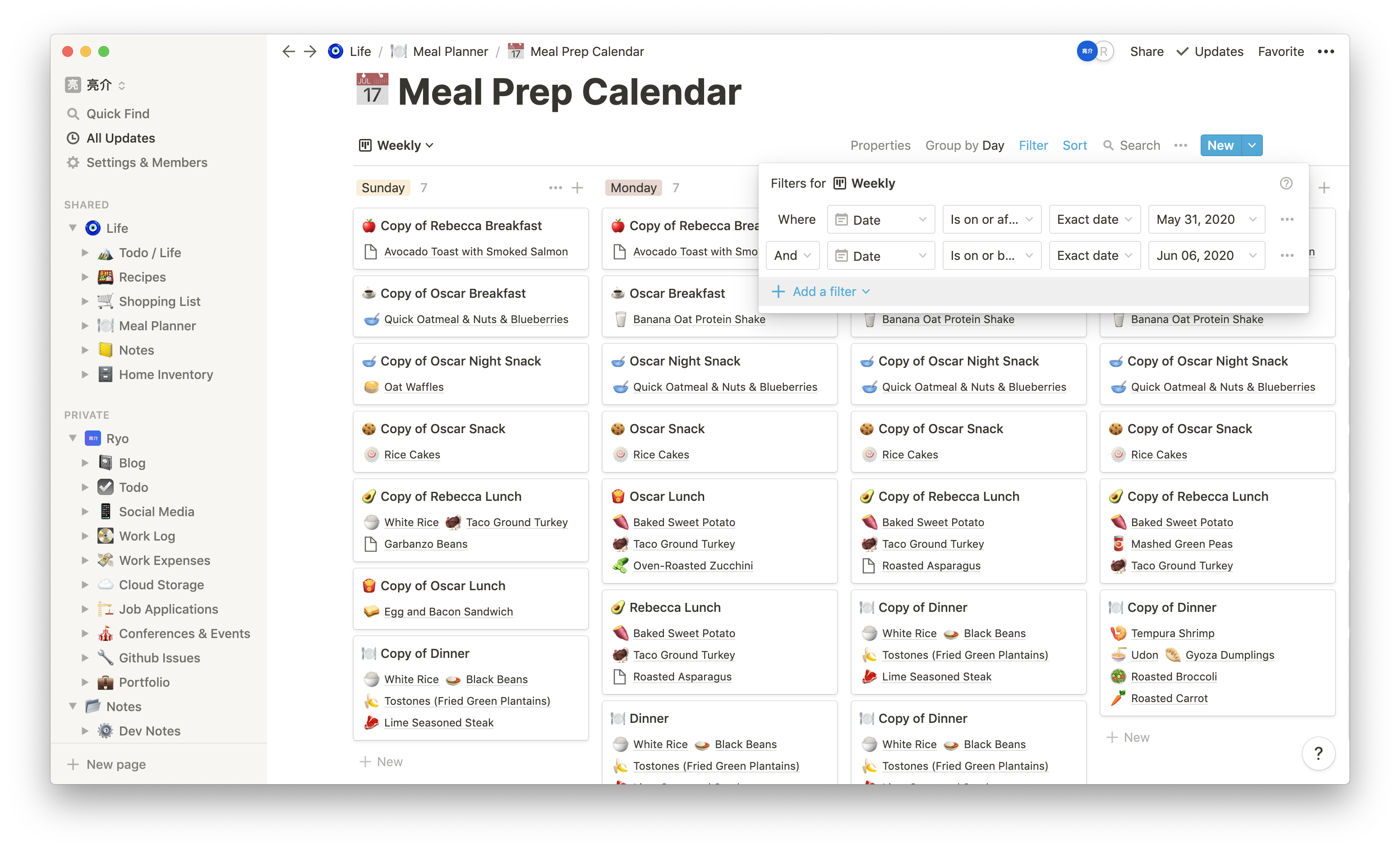 Screenshot of the Notion app on the Meal Prep Calendar page with a Kanban view sorted by day of the week