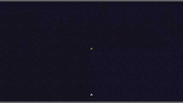 Gif of a Galaga clone made in Rust using Bevy. A small ship moves across the bottom of the screen and shoots projectiles that fire off upwards into space. A green bug enemy floats in the middle of the screen. The background is a space pattern that scrolls downward to simulate flying.
