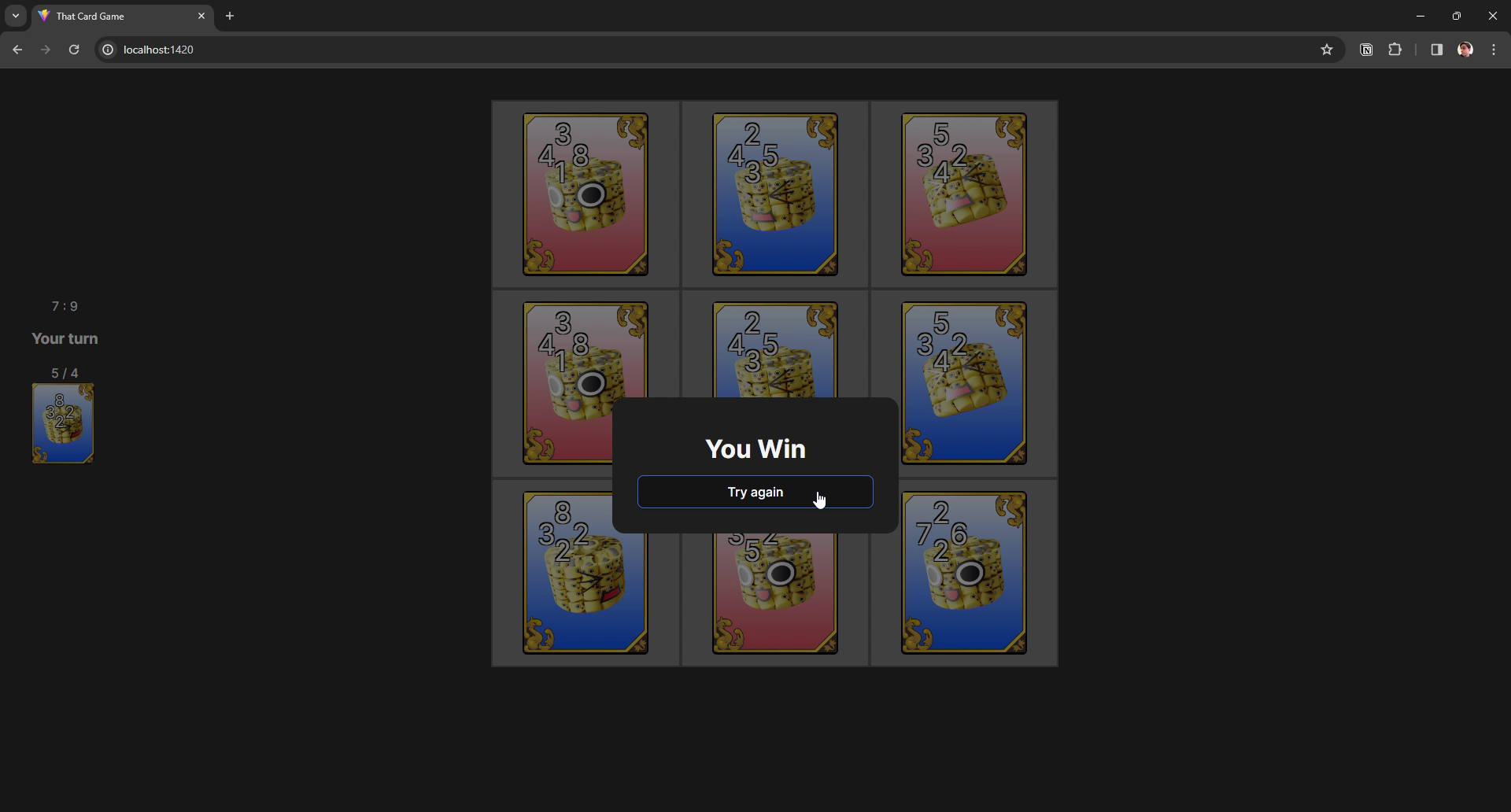 A modal appears over the game with a black transparent overlay. The modal reads “You Win” with a button labeled “Try Again”.