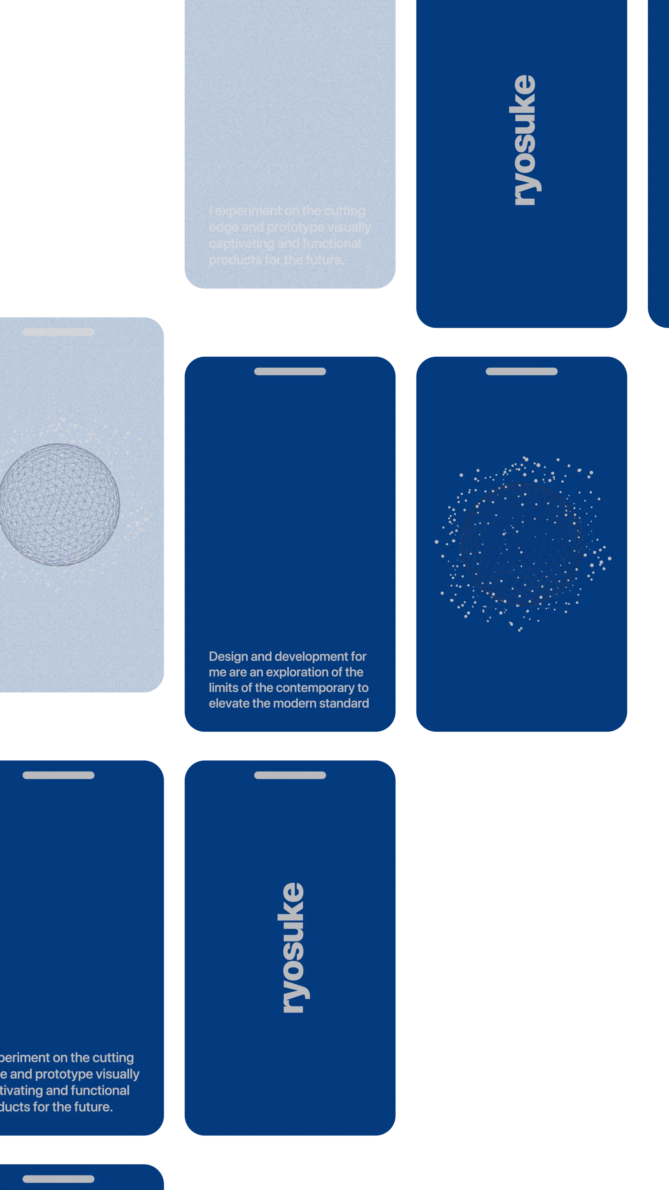 A frame of an animation with different cards fading and sliding into a grid