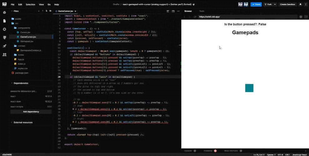 A GIF of the CodeSandbox IDE with a browser preview of a React app displaying a cursor in the center (as a blue box) moving around with input