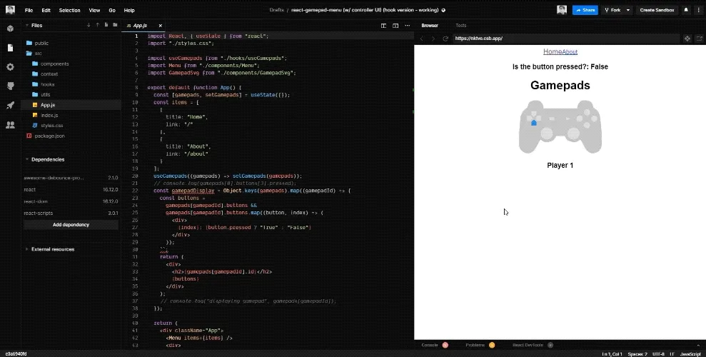 A GIF of the CodeSandbox IDE with a browser preview of a React app displaying a simple menu of two links, one active and larger, as gamepad input moves between them