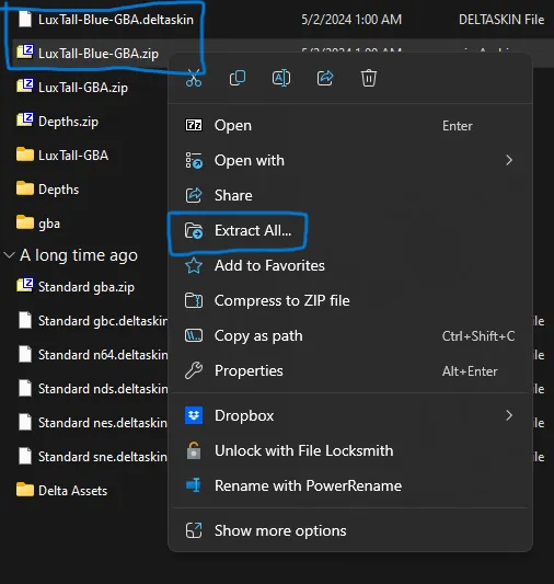The Windows file explorer window with a .deltaskin  file and a .zip file with the same name underneath. The zip is right clicked to reveal a context menu with a Extract All menu item highlighted.