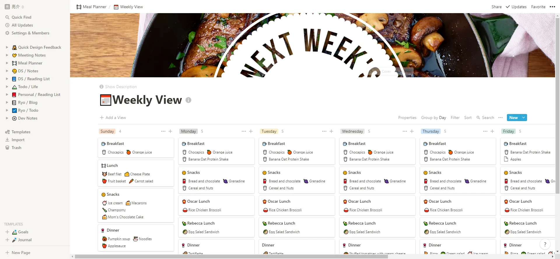 Meal planner using Notion's linked database and kanban functionality