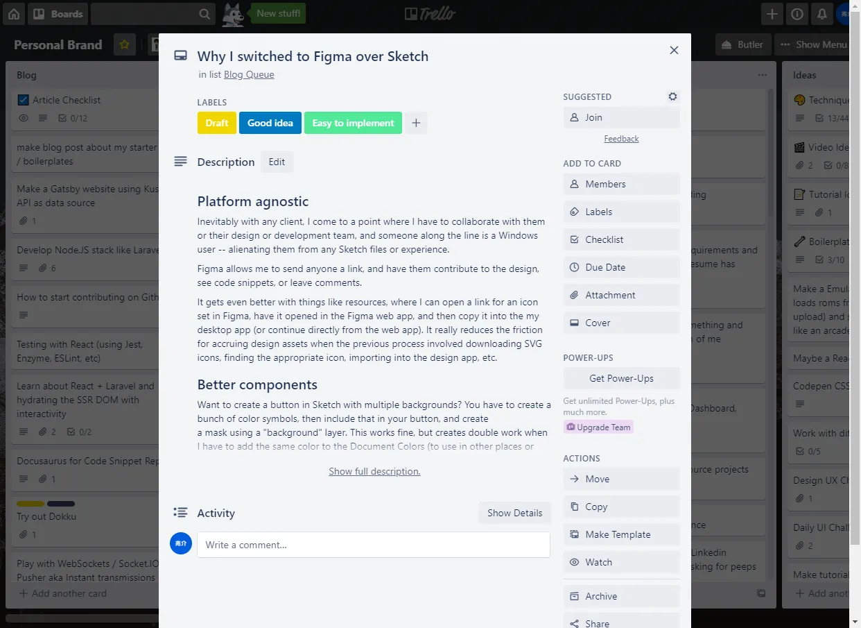 Screenshot of how I blog inside of Trello using their card system