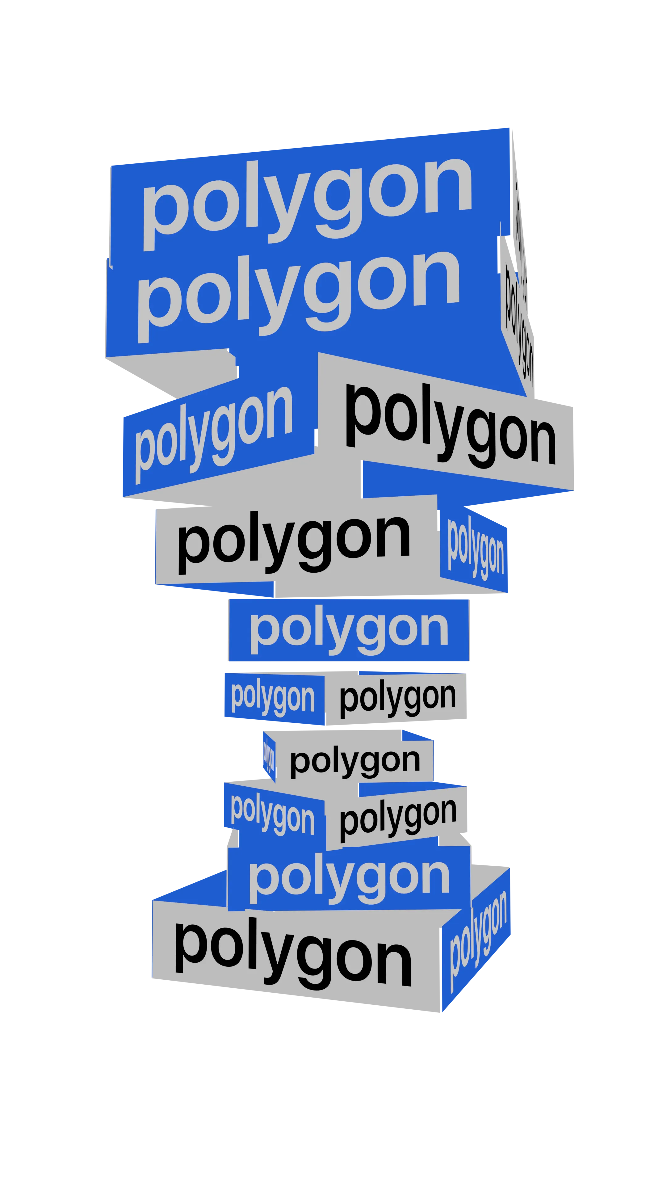 A frame from an animation of stacked boxes randomly rotated with text on each of the side faces