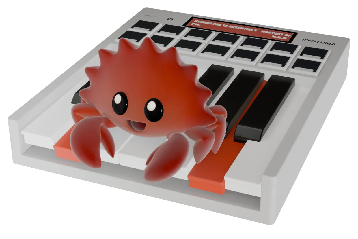 3D render of Ferris the Rust mascot standing on a 12-key “Ryoturia” MIDI piano and pressing down 2 keys that are colored Rust red. 