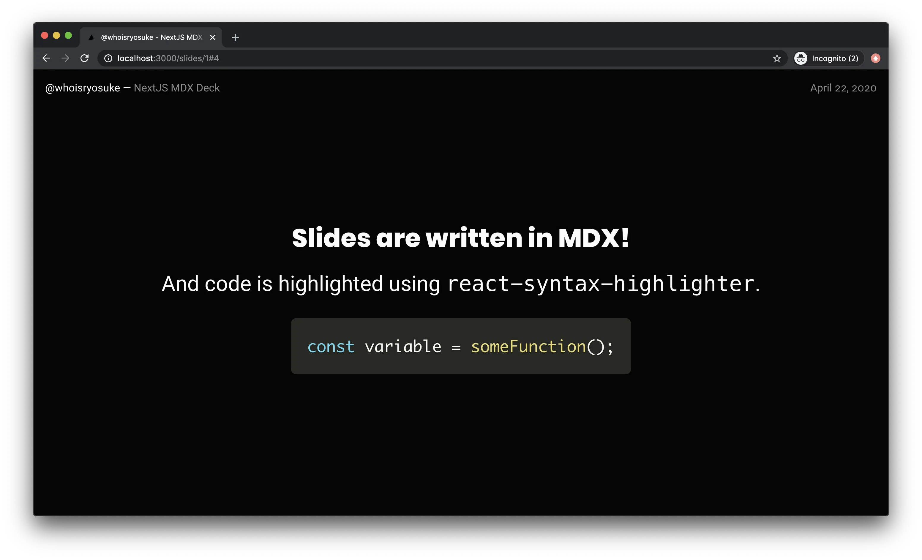 Screenshot of Next MDX Deck in action on a slide showing syntax highlighting