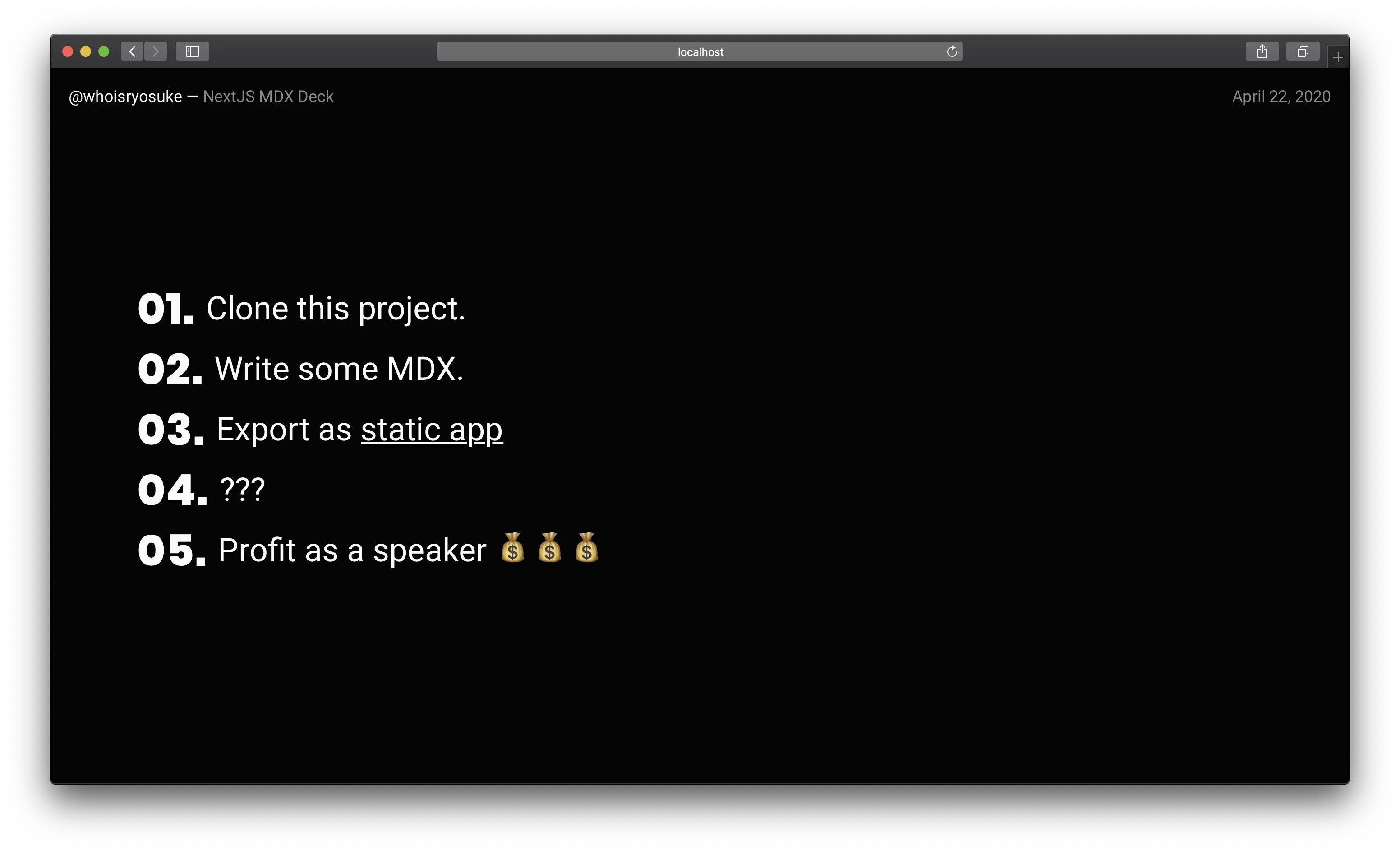 Screenshot of Next MDX Deck in action on the second slide containing a ordered list component