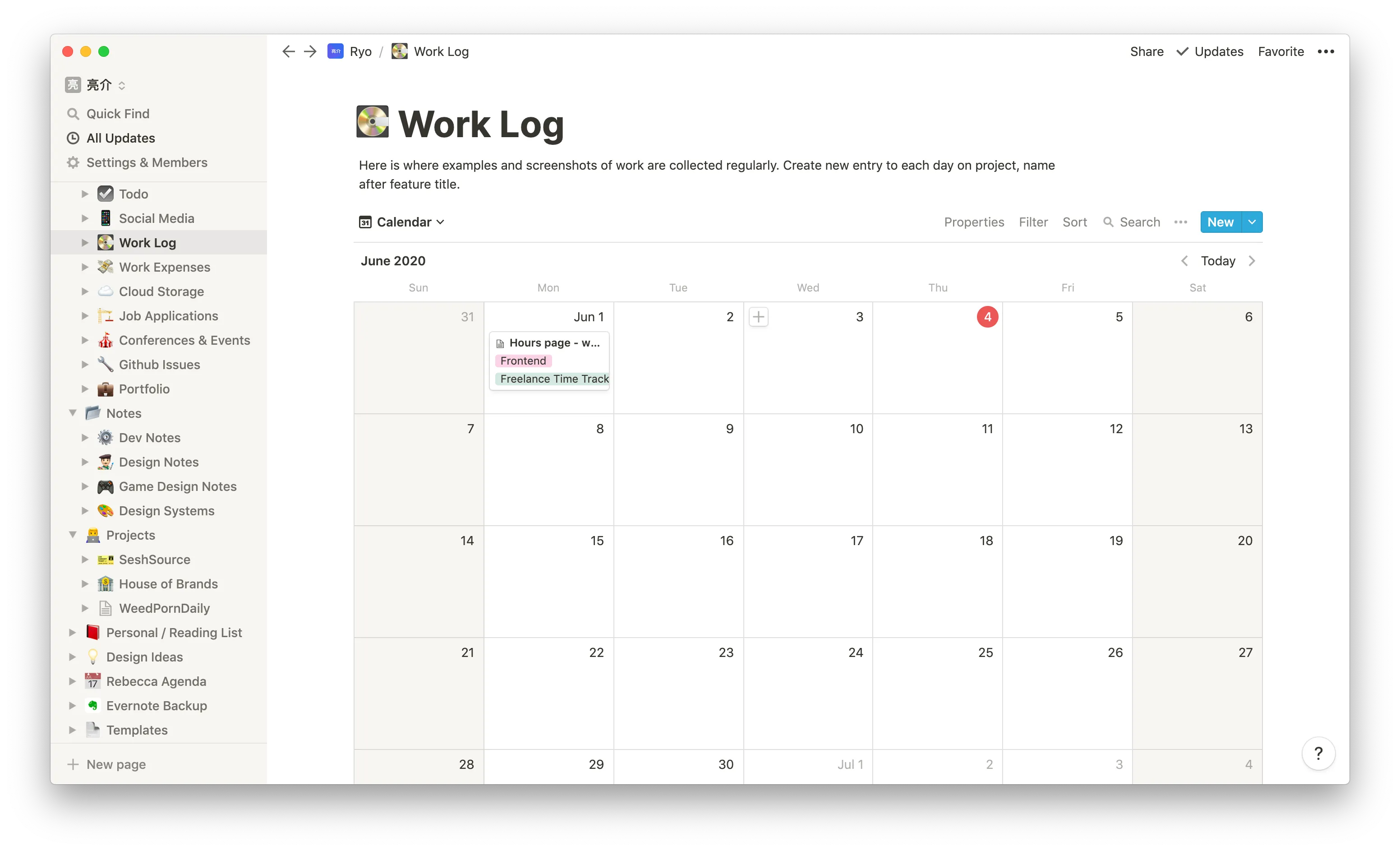 Screenshot of the Notion app on my Work Log page with posts sorted in a calendar view