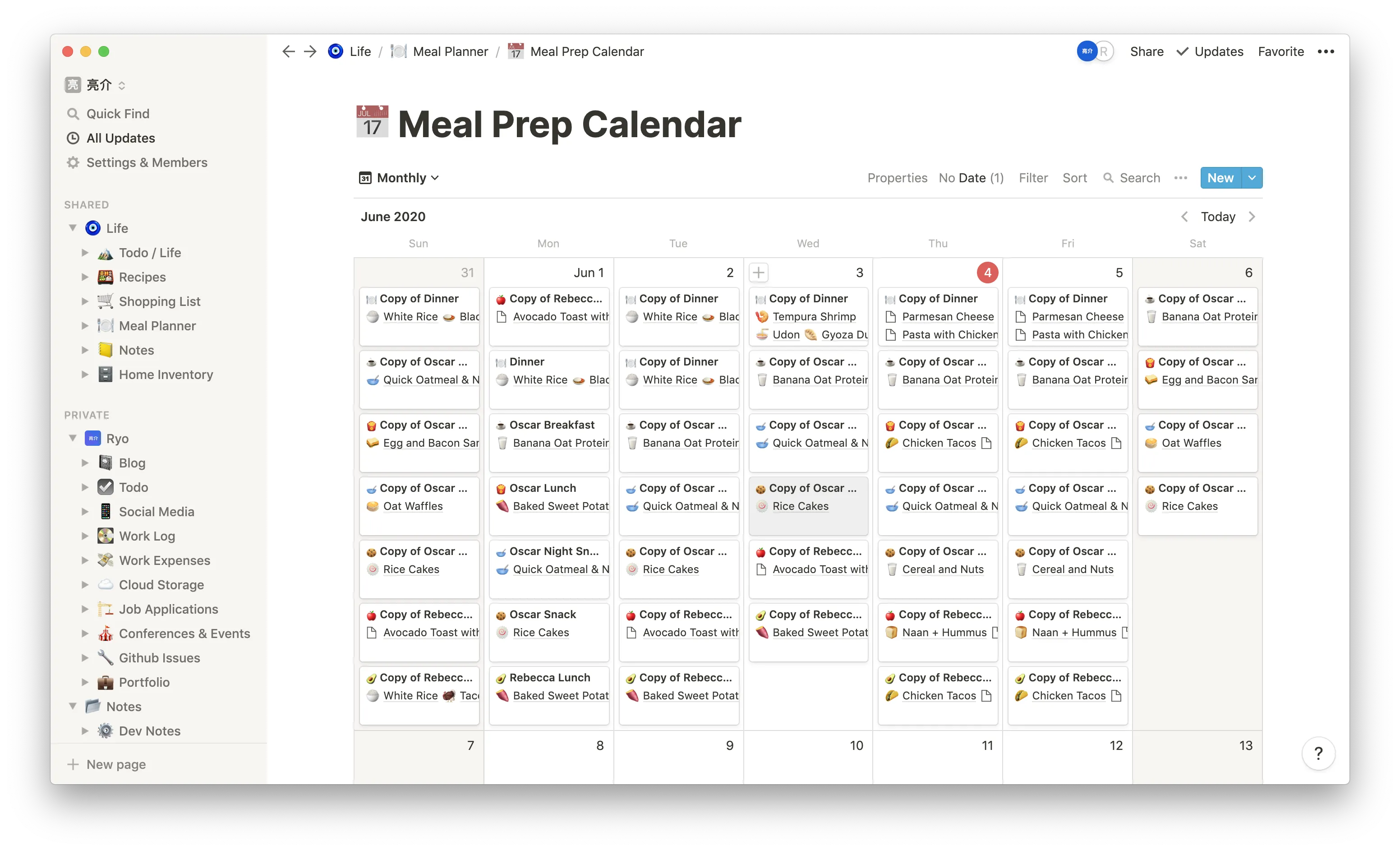 Screenshot of the Notion app on the Meal Prep Calendar page with a calendar view with 6 meal cards per day