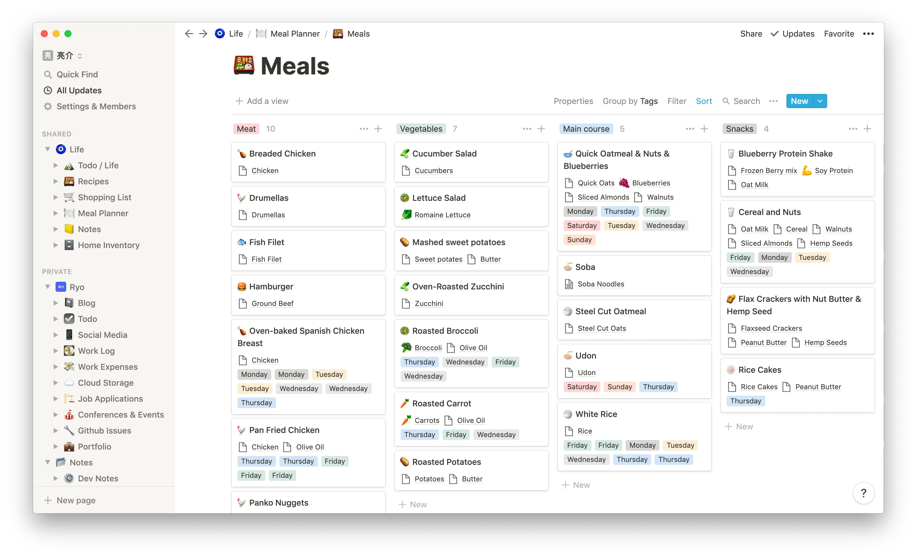 Screenshot of the Notion app on the Meals page with a Kanban view sorted by meal type