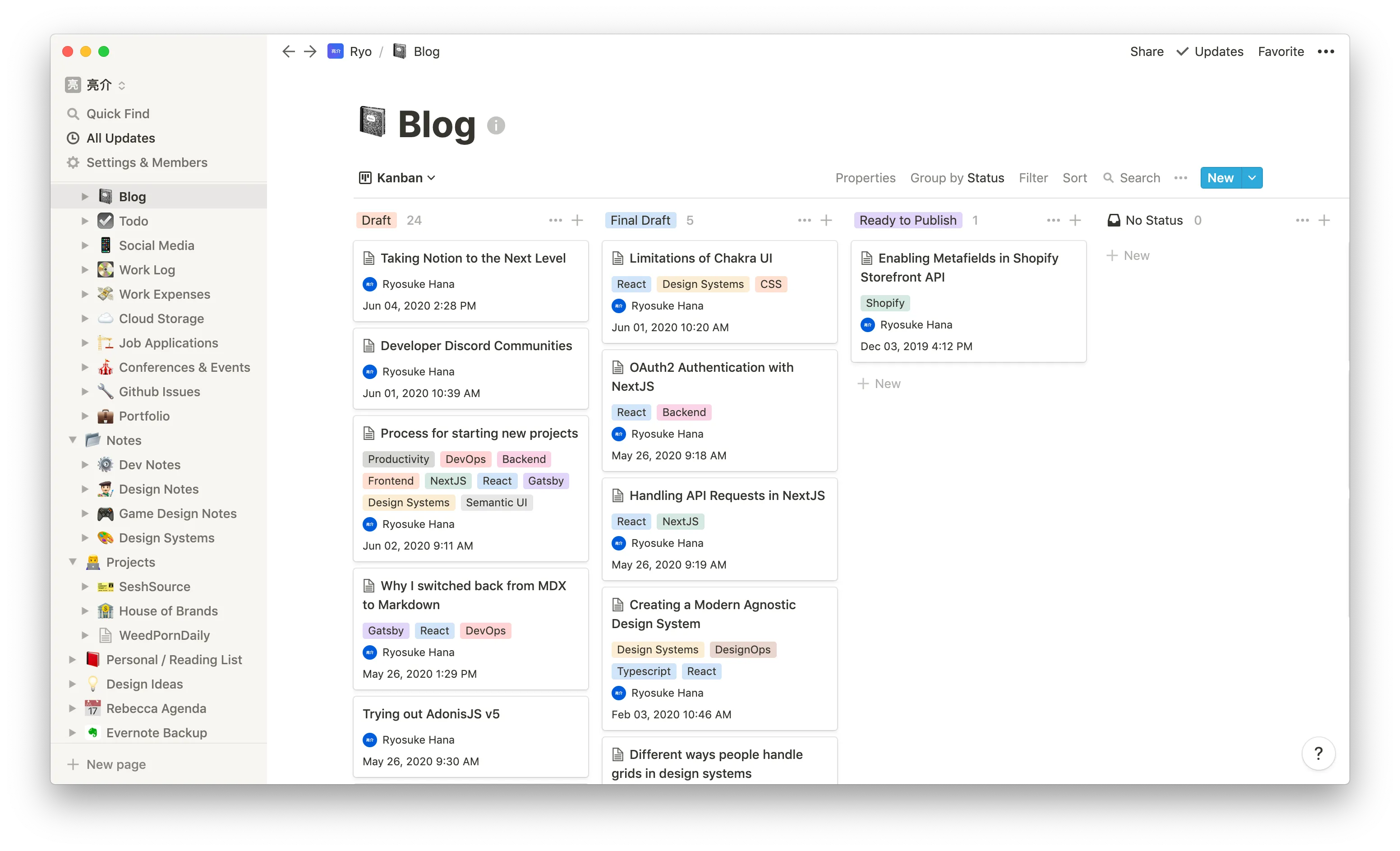 Screenshot of the Notion app on the Blog page in a Kanban view sorted by publish status