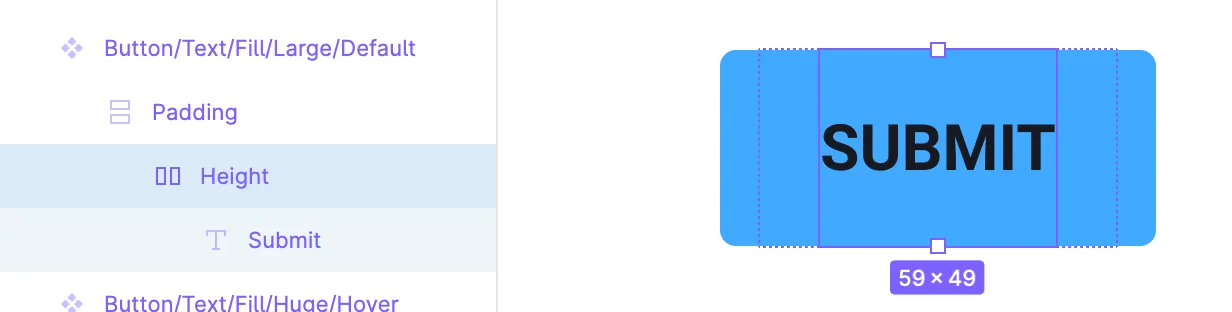 Screenshot of the Figma app with a button and it's layers displayed