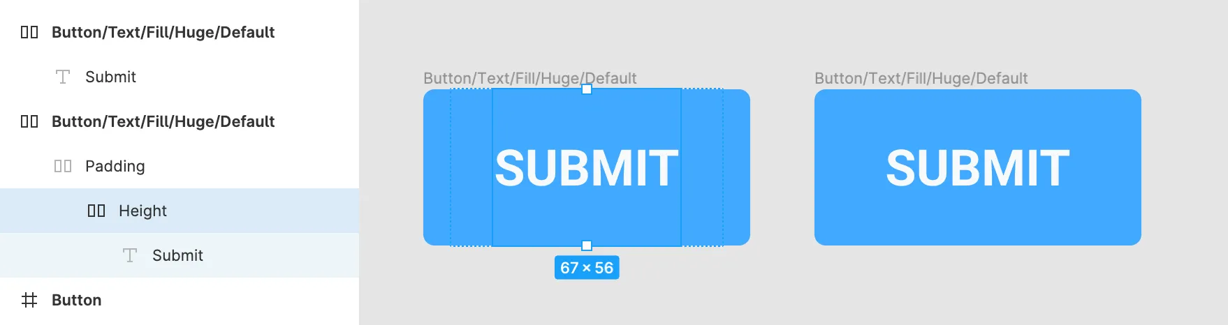 Side by side comparison of using 3 auto layout frames vs 1 to achieve the same/similar component