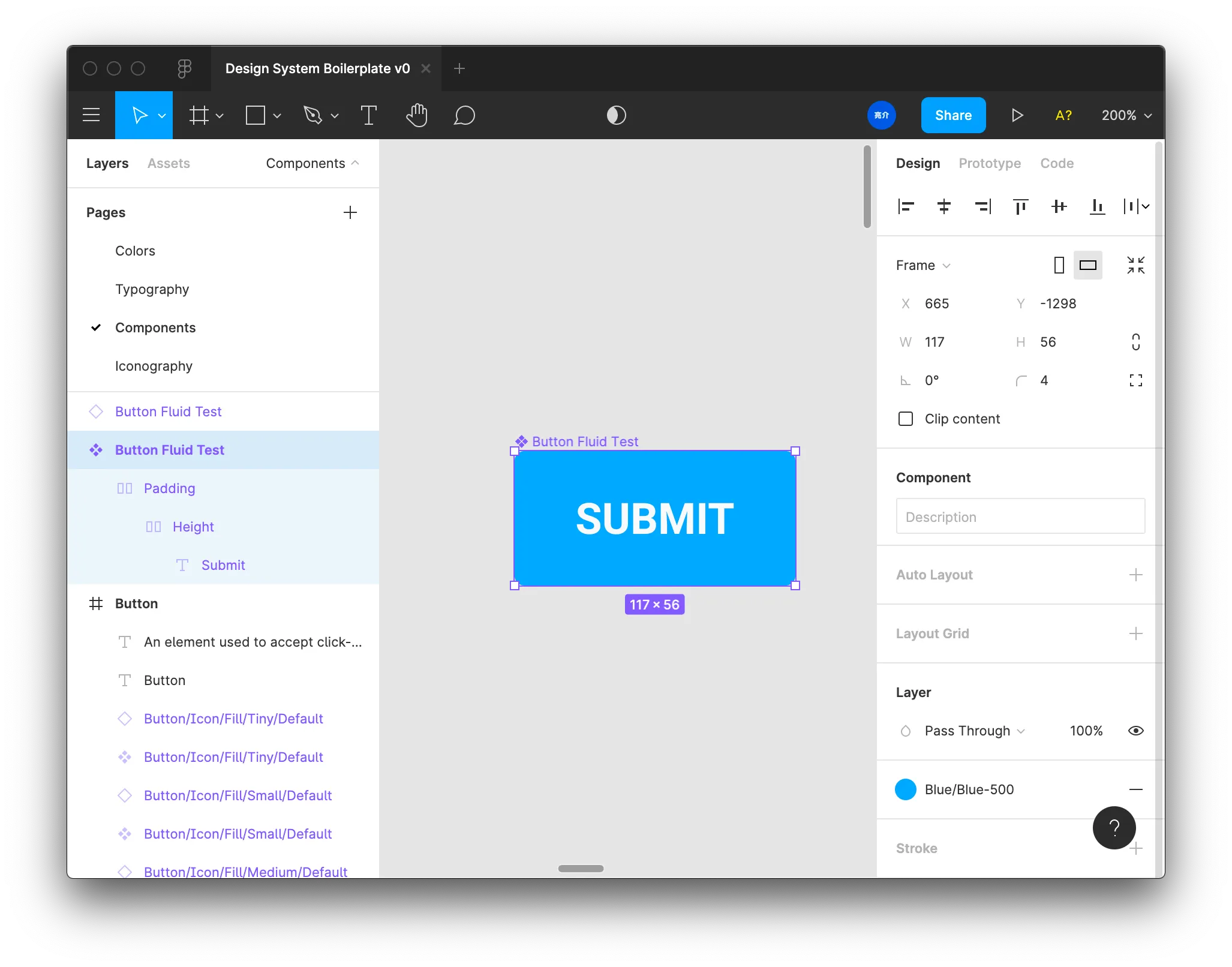 Screenshot of Figma app with a fluid button and it's layers