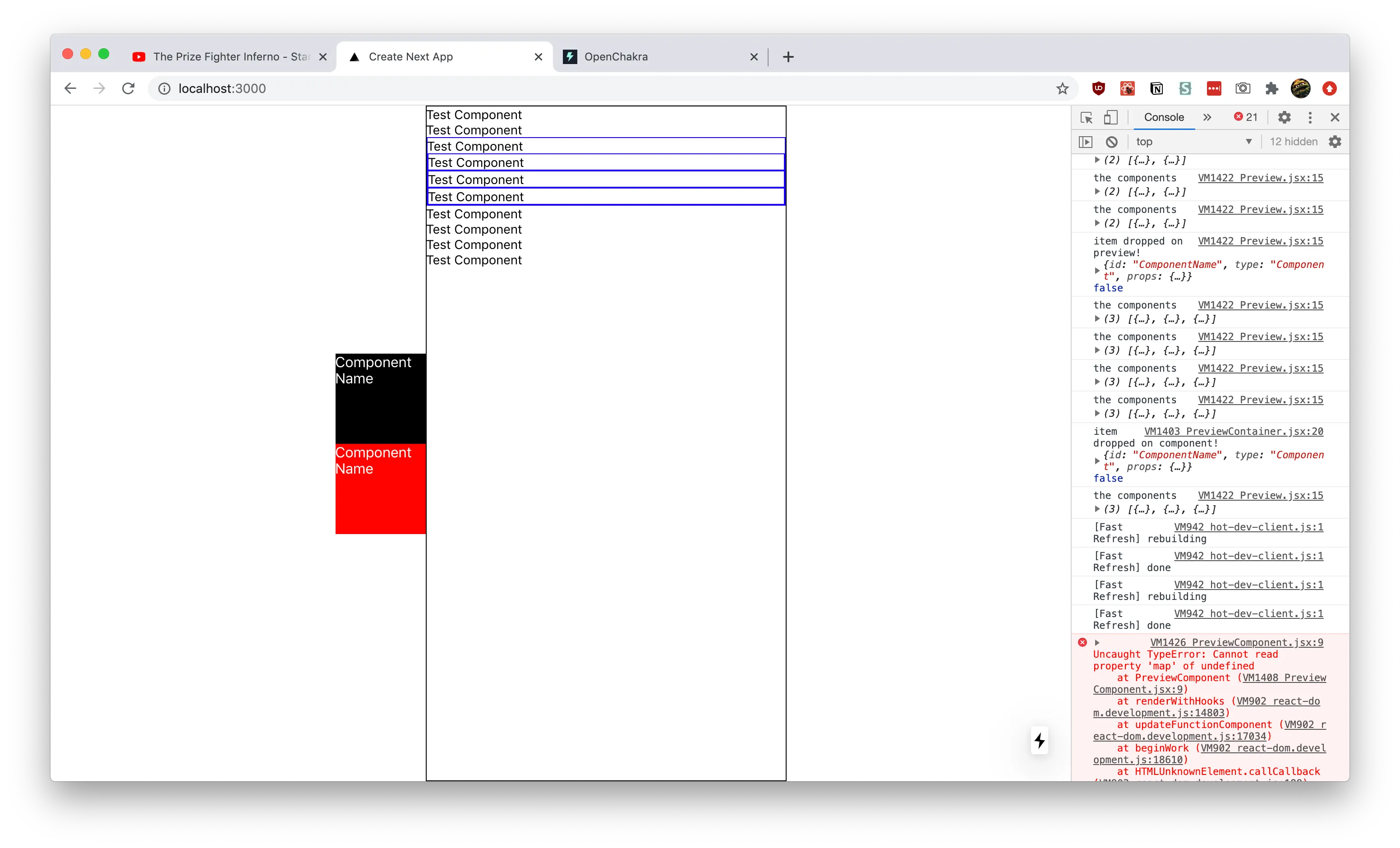 The drag and drop builder in action. Two test components are displayed in
the left sidebar as black and red boxes. The preview window occupies the
middle of the screen as a black bordered box that renders a list of
components. Blue bordered components in the preview box represent nested
components