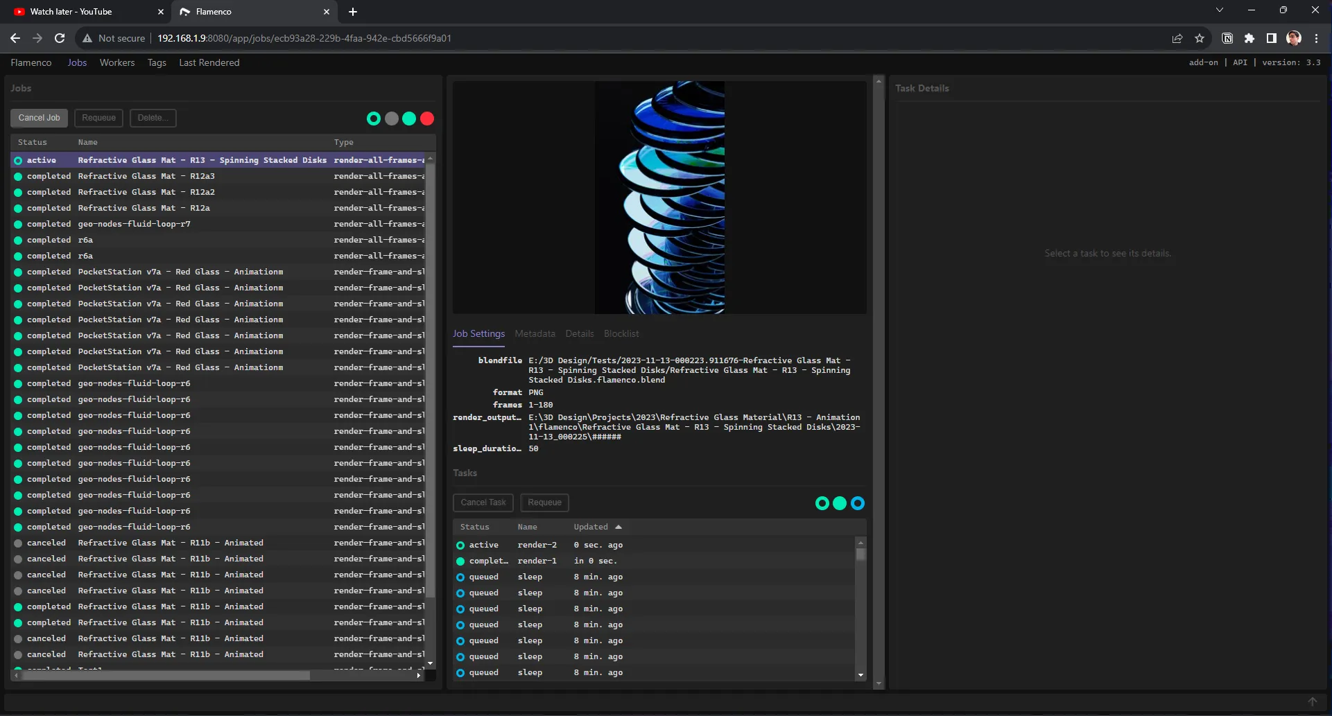 A screenshot of the Flamenco app running locally in my Chrome browser. A left column has a list of jobs and their status. The center column shows the selected job, including a picture of a render, file details, and a list of all the frames being rendered.