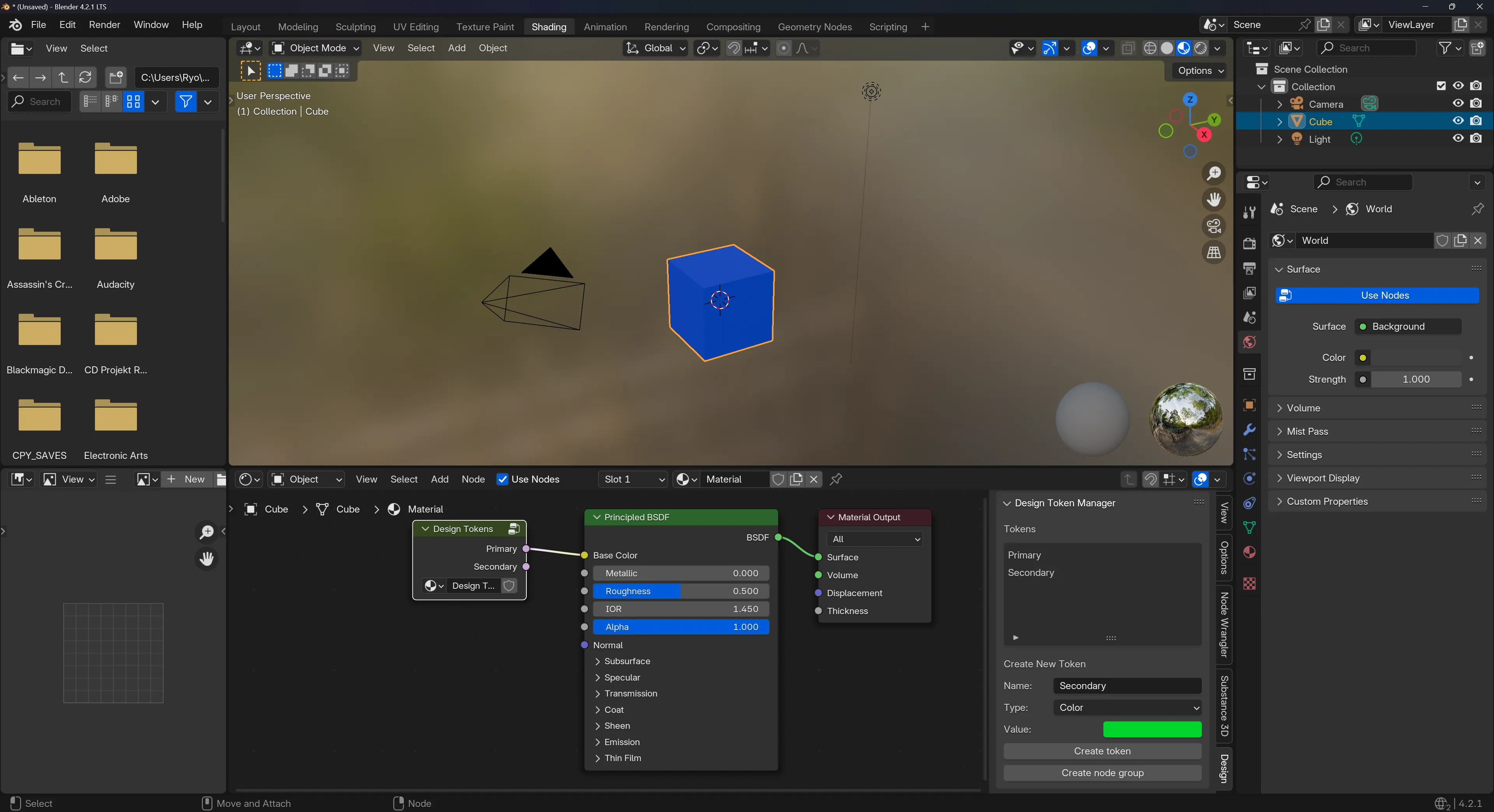 Blender with the Shader Editor open with a Design Token node connecting a “Primary” token output to a Principled BSDF node’s Base Color input. The 3D viewport has a blue cube with the token color applied.