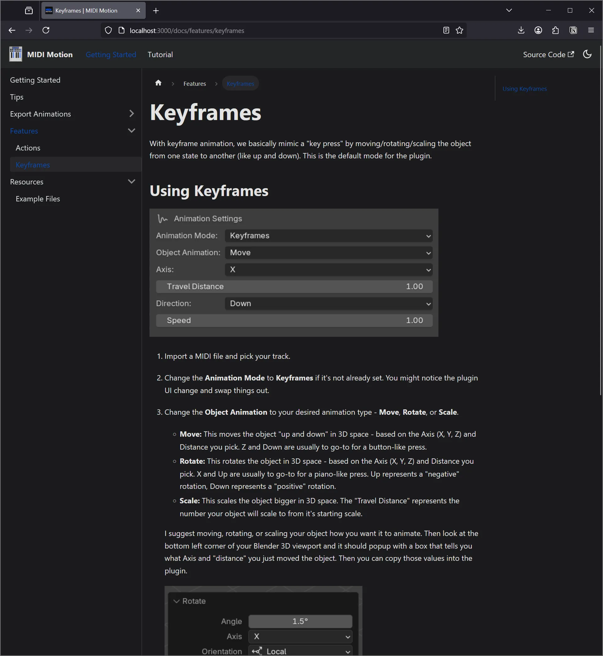 The documentation for MIDI Motion on the Keyframes page with screenshots and step by step explanations.