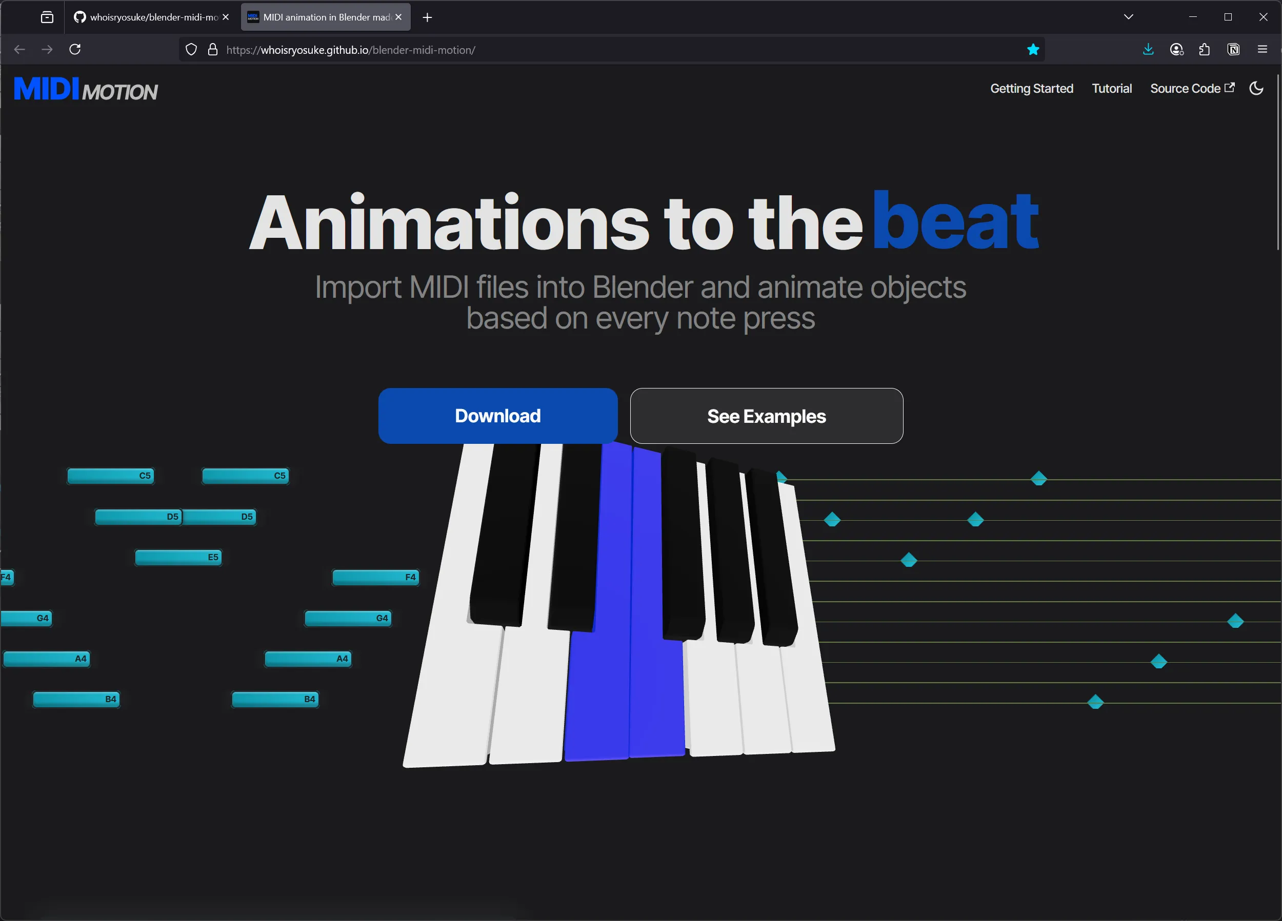 The frontpage of MIDI Motion featuring a large set of 3D piano keys floating in space at an angle, with DAW-like notes to the left and Blender keyframes to the right. A masthead title reads “Animations to the beat” and a subtitle reads “Import MIDI files into Blender and animate objects based on every note press” 