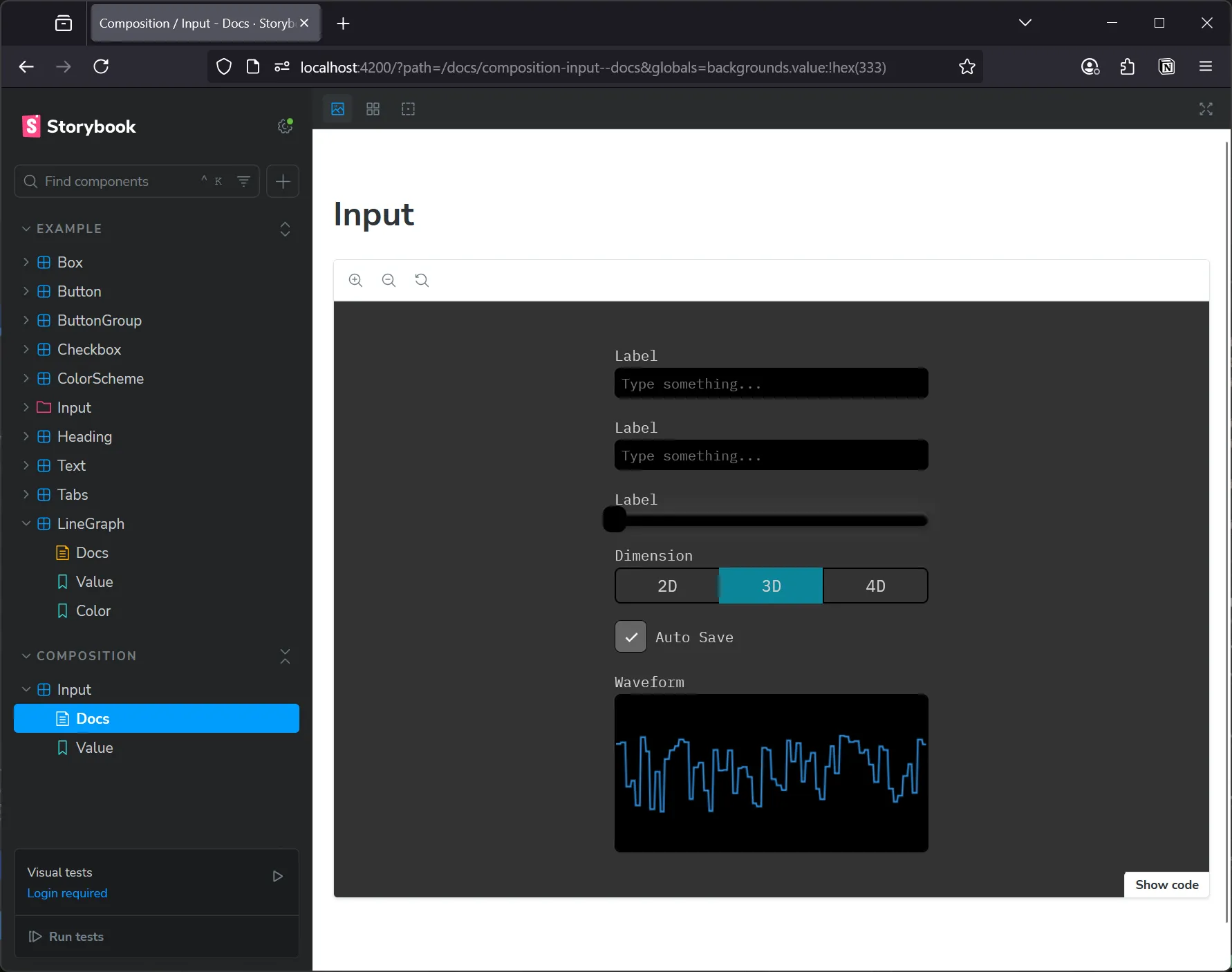 Storybook documentation for the Oat Milk design system with various input components stacked.