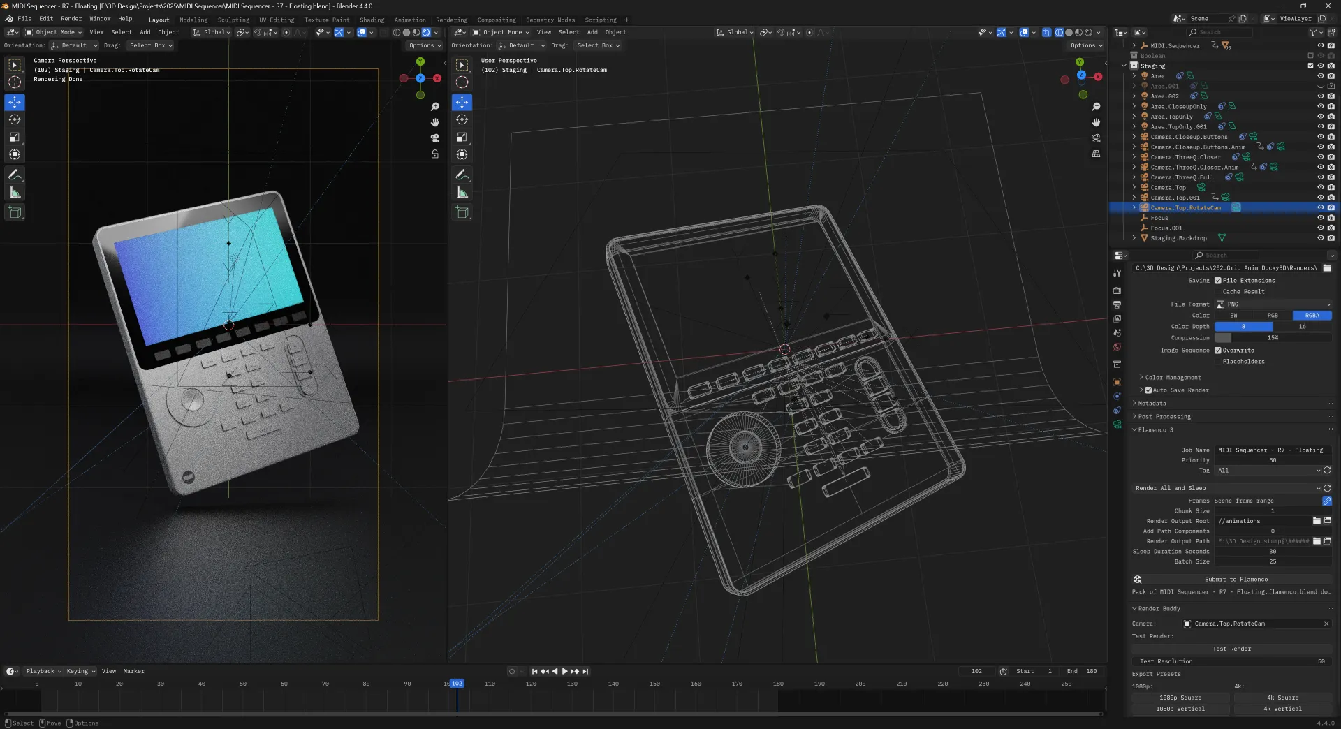 Blender open with 2 3D viewports side by side. Left is rendered, right side is wireframe. The scene contains the MIDI device floating in space above a curved background plane.