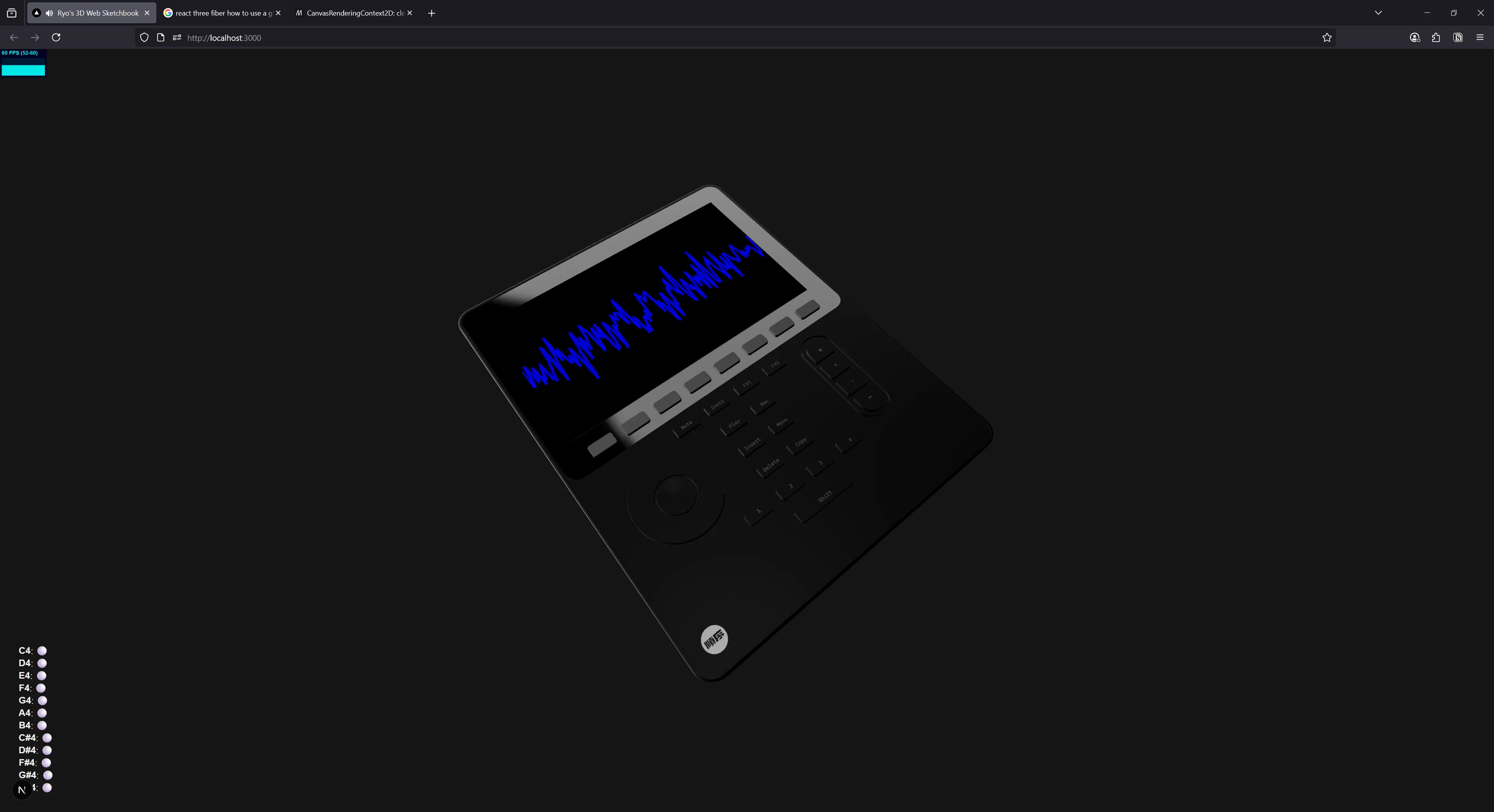 Audio waveform rendered as the screen of a 3D object in a web browser