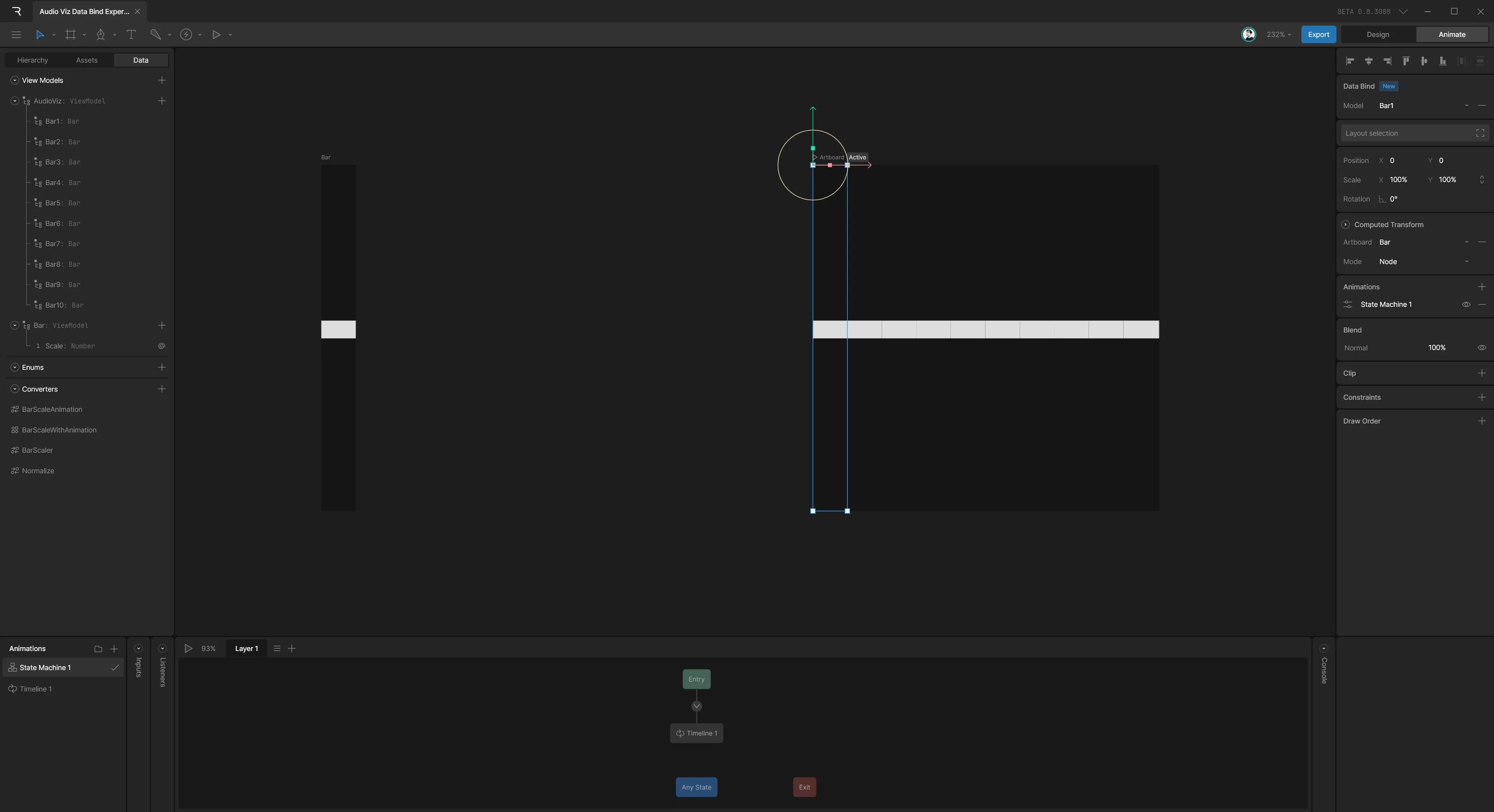Rive app with a bar component and canvas using 10 of those in a row