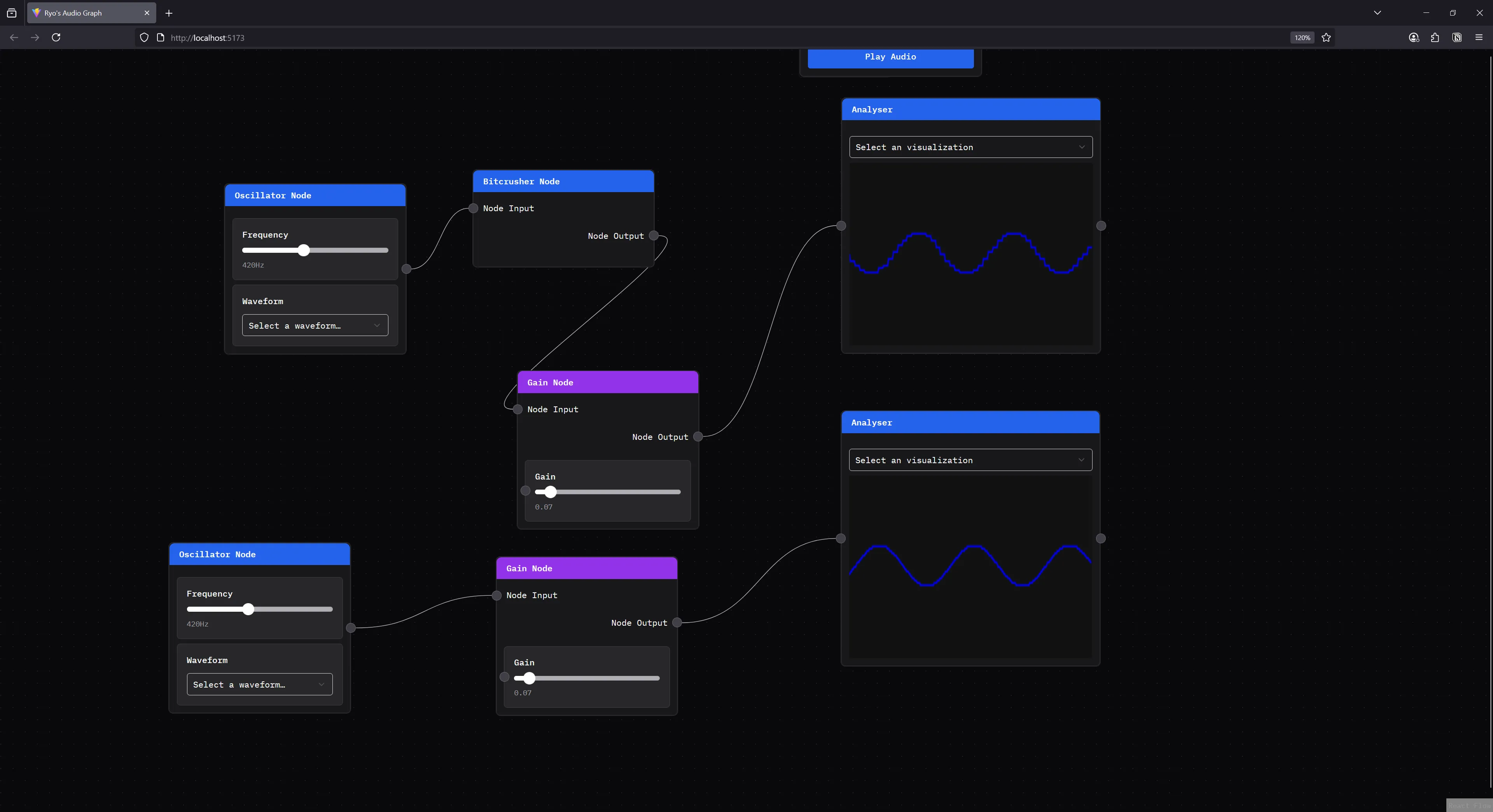 A node graph with a Clawdio Bitcrusher node showing a pixelated looking signal visualized in a separate node, and underneath a similar signal without crushing visualizing.