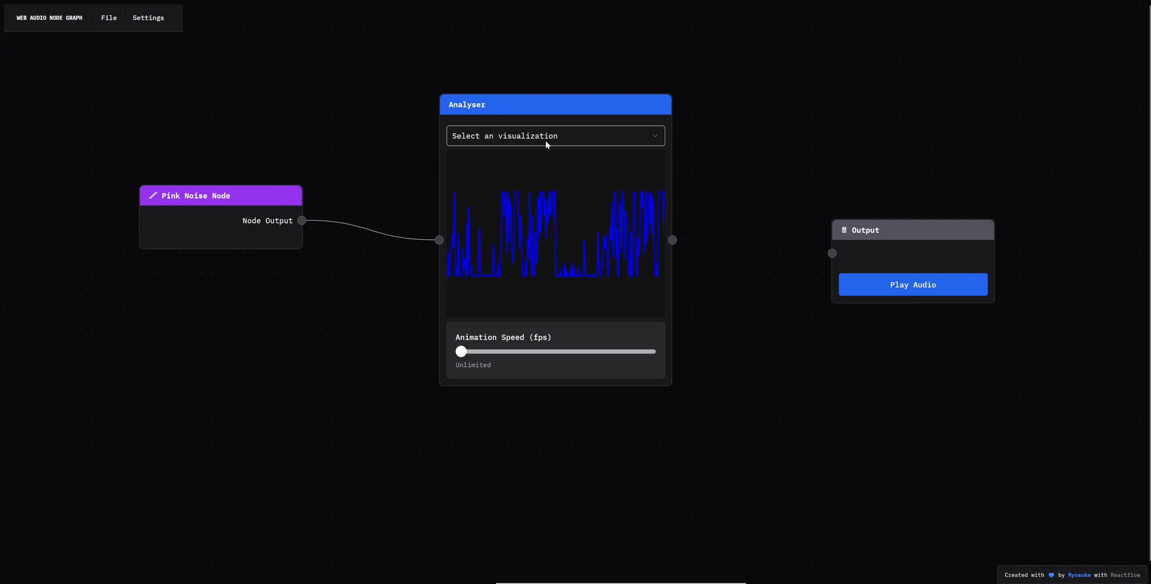 A web app with a node graph with web audio nodes. A pink noise node is connected to an analyser node showing it’s waveform as a horizontal line graph.