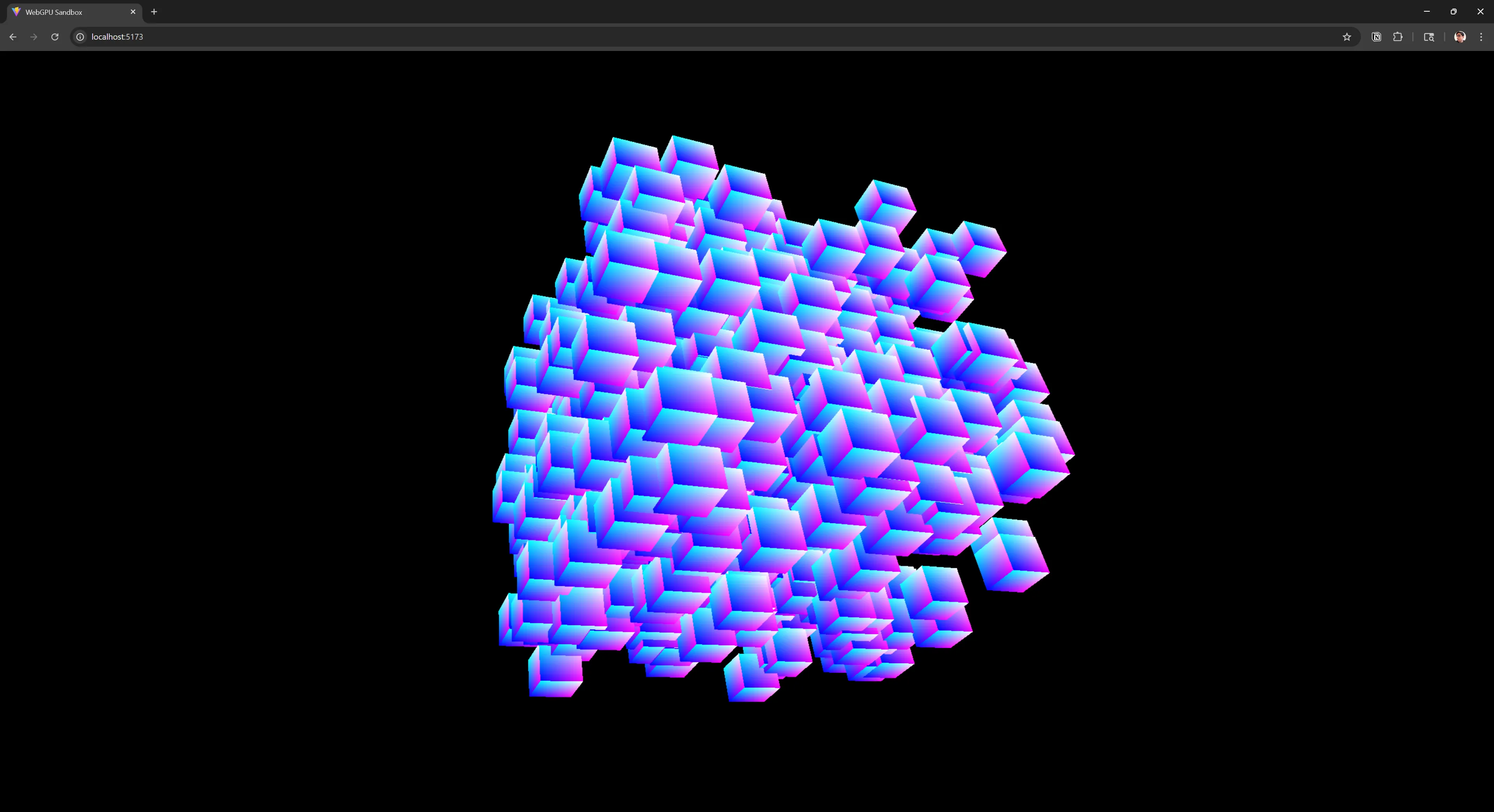 A web app rendering hundreds of 3D cubes stacked closely to resemble a large, broken up cube.