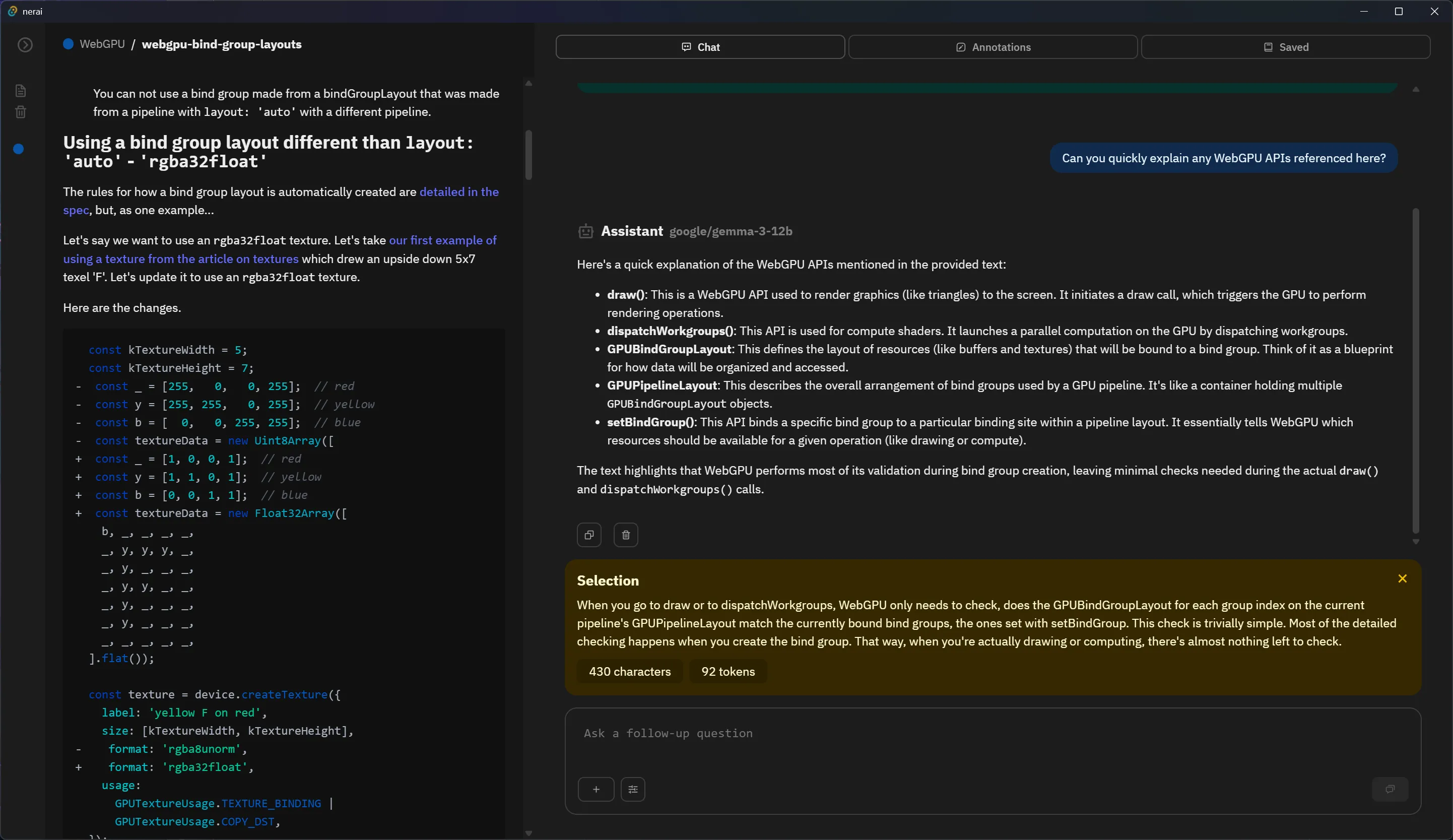 My LLM based reading app. A Markdown document is rendered on the left, and a chat is visible on the right with a selection of text from the Markdown in a green box, and a chat message below asking “Can you summarize this?”. Below that is a message from an LLM assistant with the summary.