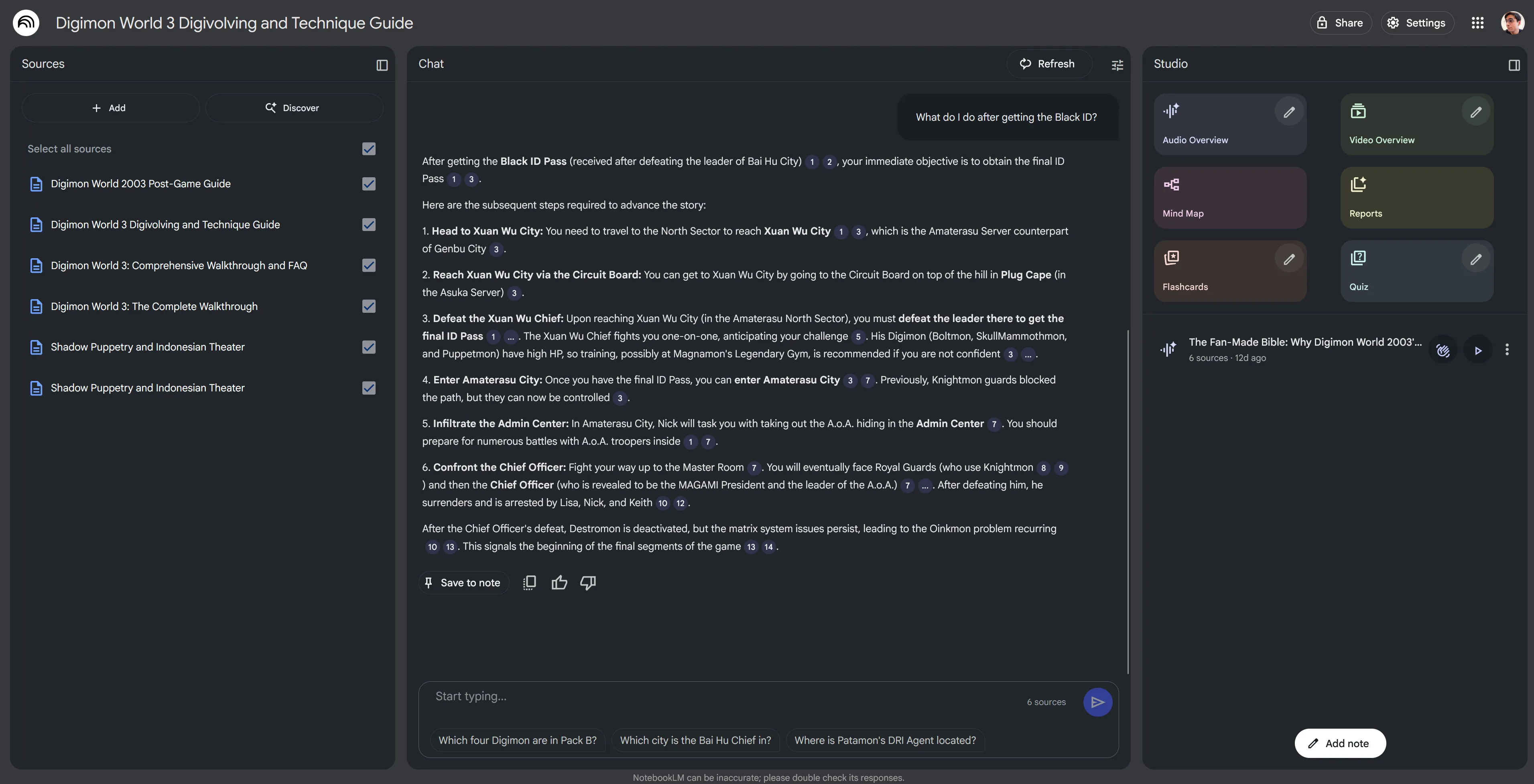 NotebookLM with several Digimon walkthroughs files visible in the sidebar. A chat is in the center asking for guidance and an LLM agent is beneath it with a step by step process.