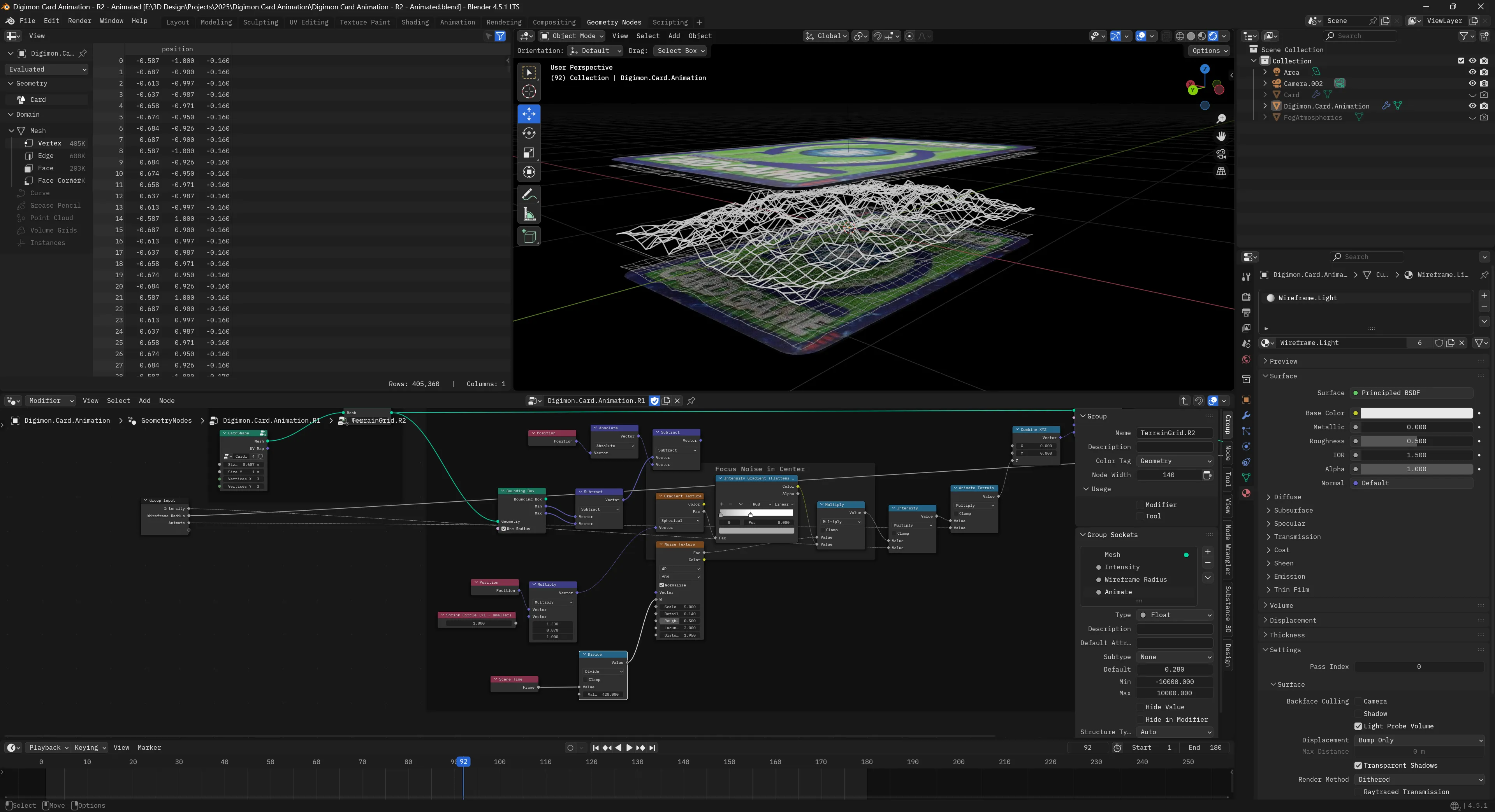 The Blender app with the Geometry Nodes tab open. A Digimon Tamers card animation is visible on top right, with a node graph of the 3D animation below with a myriad of nodes connected together and grouped using dark frame backgrounds.