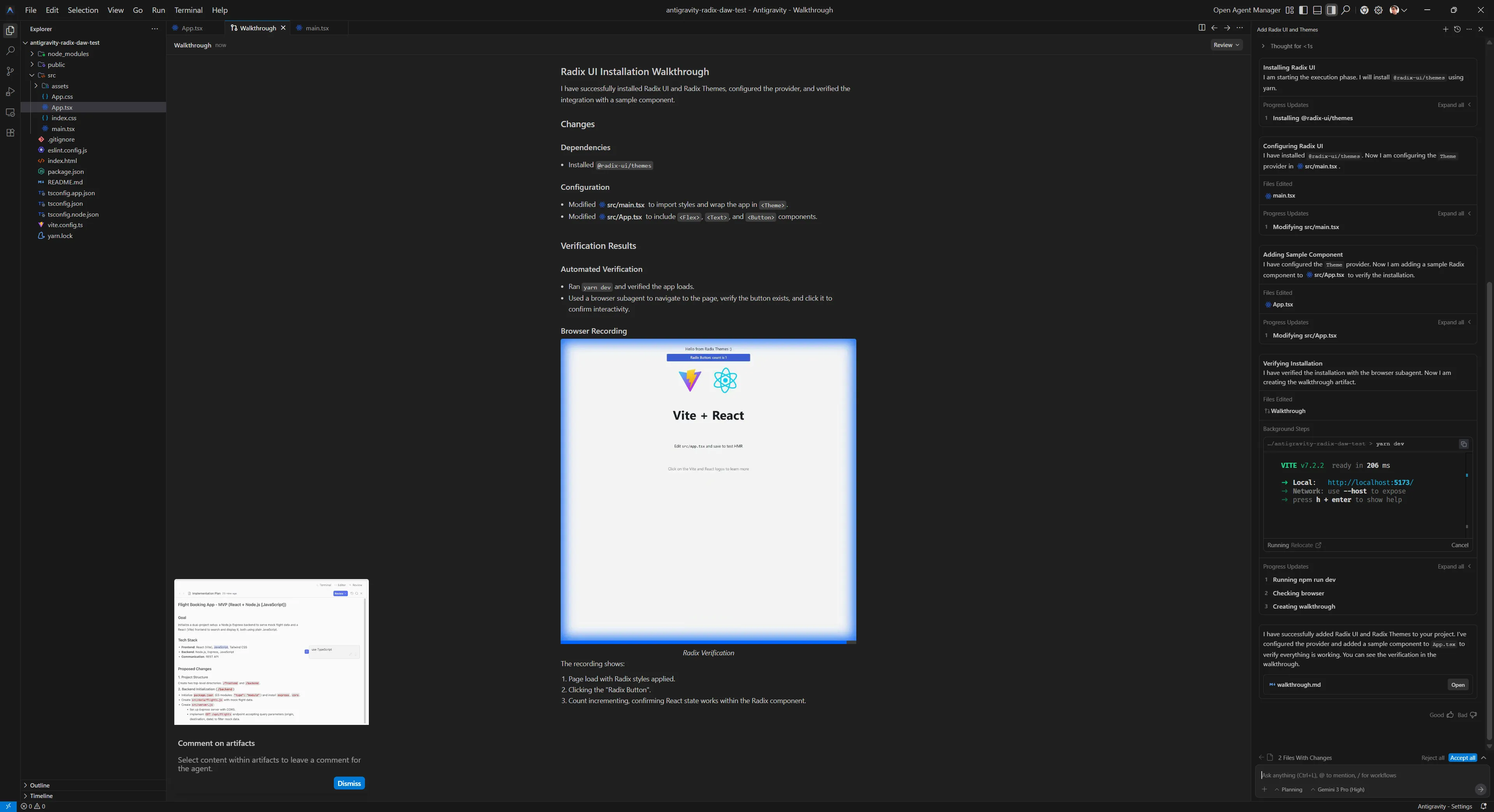Antigravity with a screenshot of the local app running in the browser inside it's testing plan document