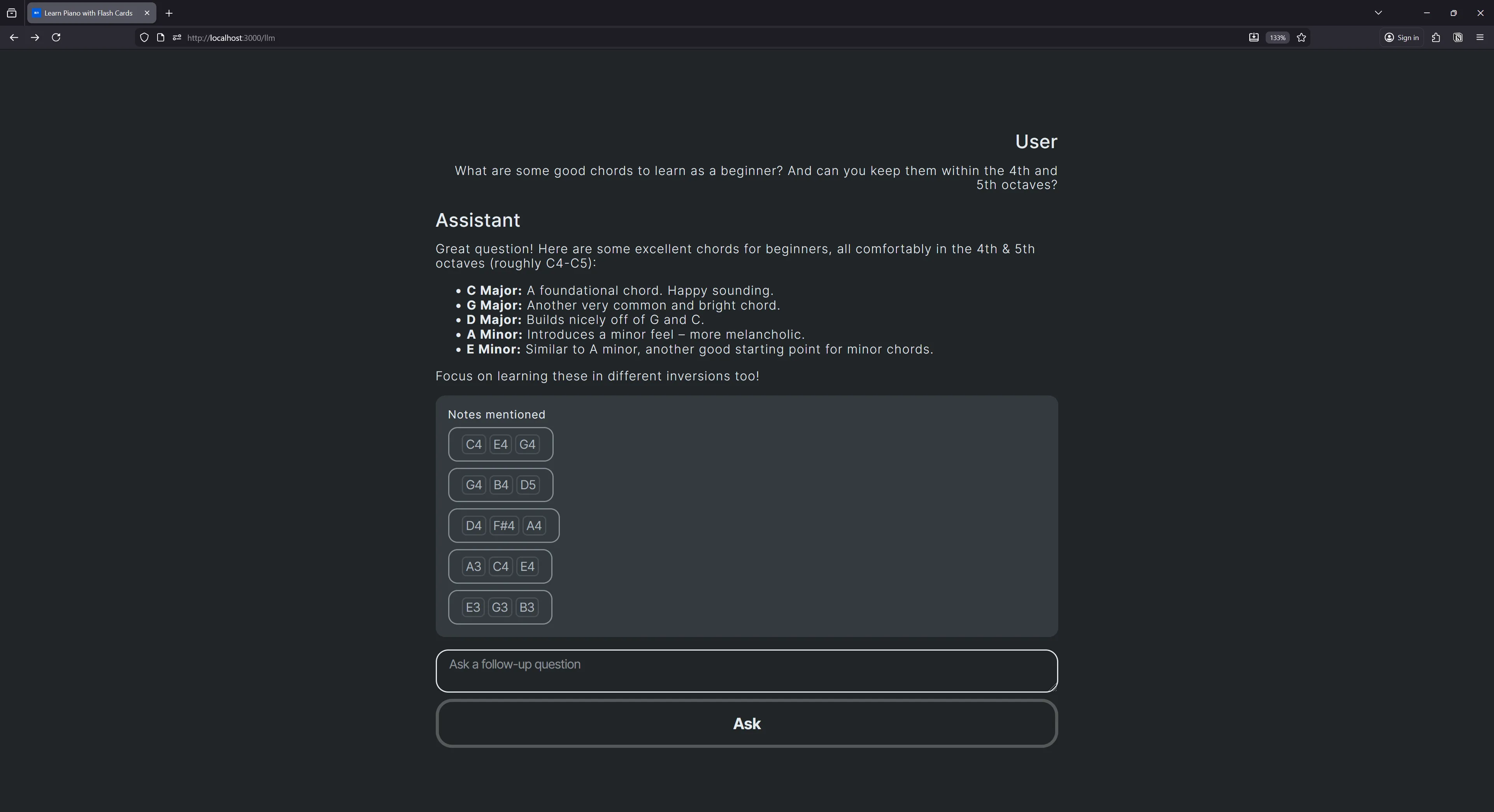 An LLM chat with the user asking for beginner chords and the assistant returning a list, as well as a card underneath with sets of notes as buttons.