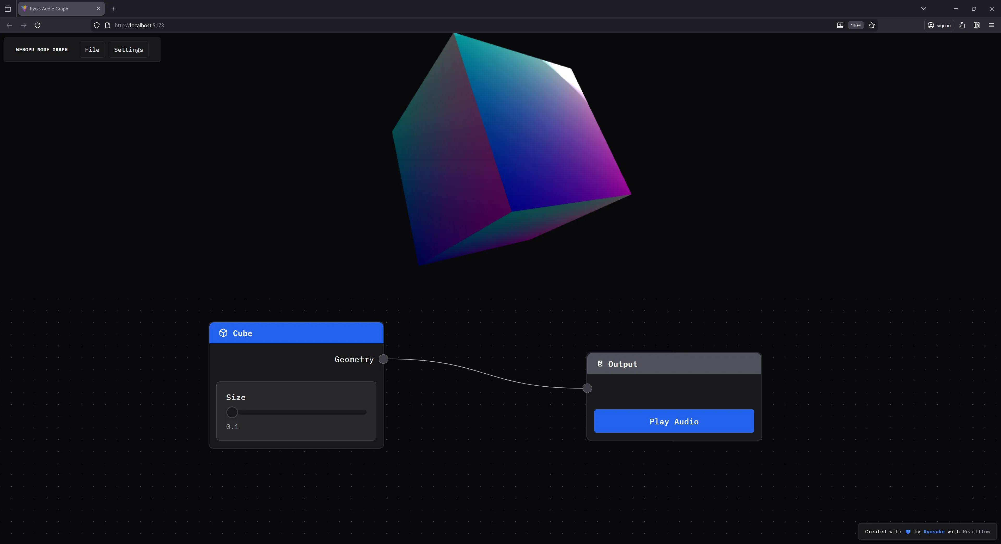 A local web app with a split screen, the top is a cube being rendered with normals as color (so it looks like a blue to teal to pink gradient). Below is a node graph with a cube node connected to an output node.