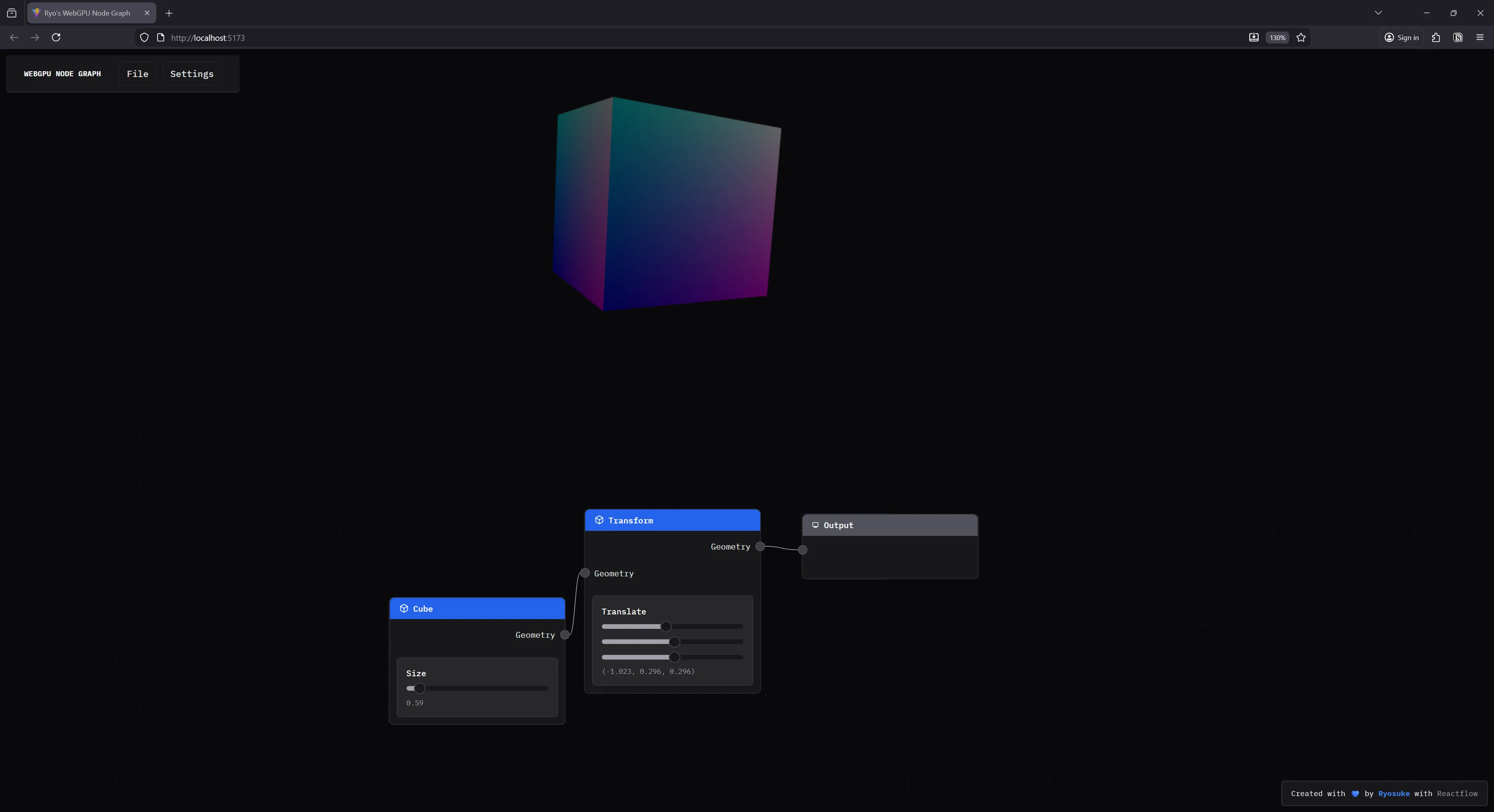 A local web app with a split screen, the top is a cube being rendered with normals as color (so it looks like a blue to teal to pink gradient). Below is a node graph with a cube node connected to a transform node connected to an output node.