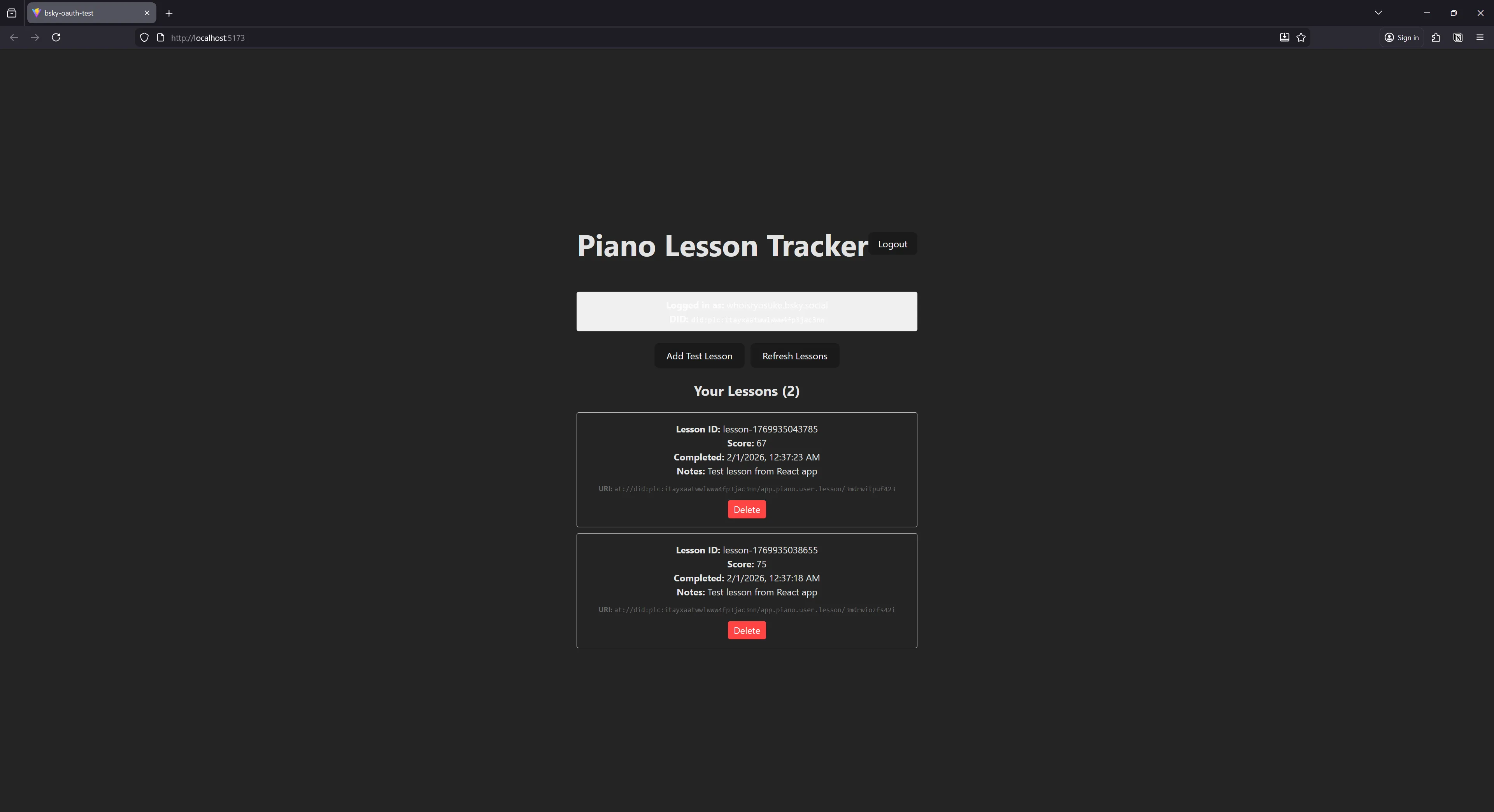 A web browser with a page titled Piano Lesson Tracker. It has 2 buttons, “Add Test Lesson” and “Refresh Lessons”, and below it has a list of lessons and their associated metadata like the score or notes.
