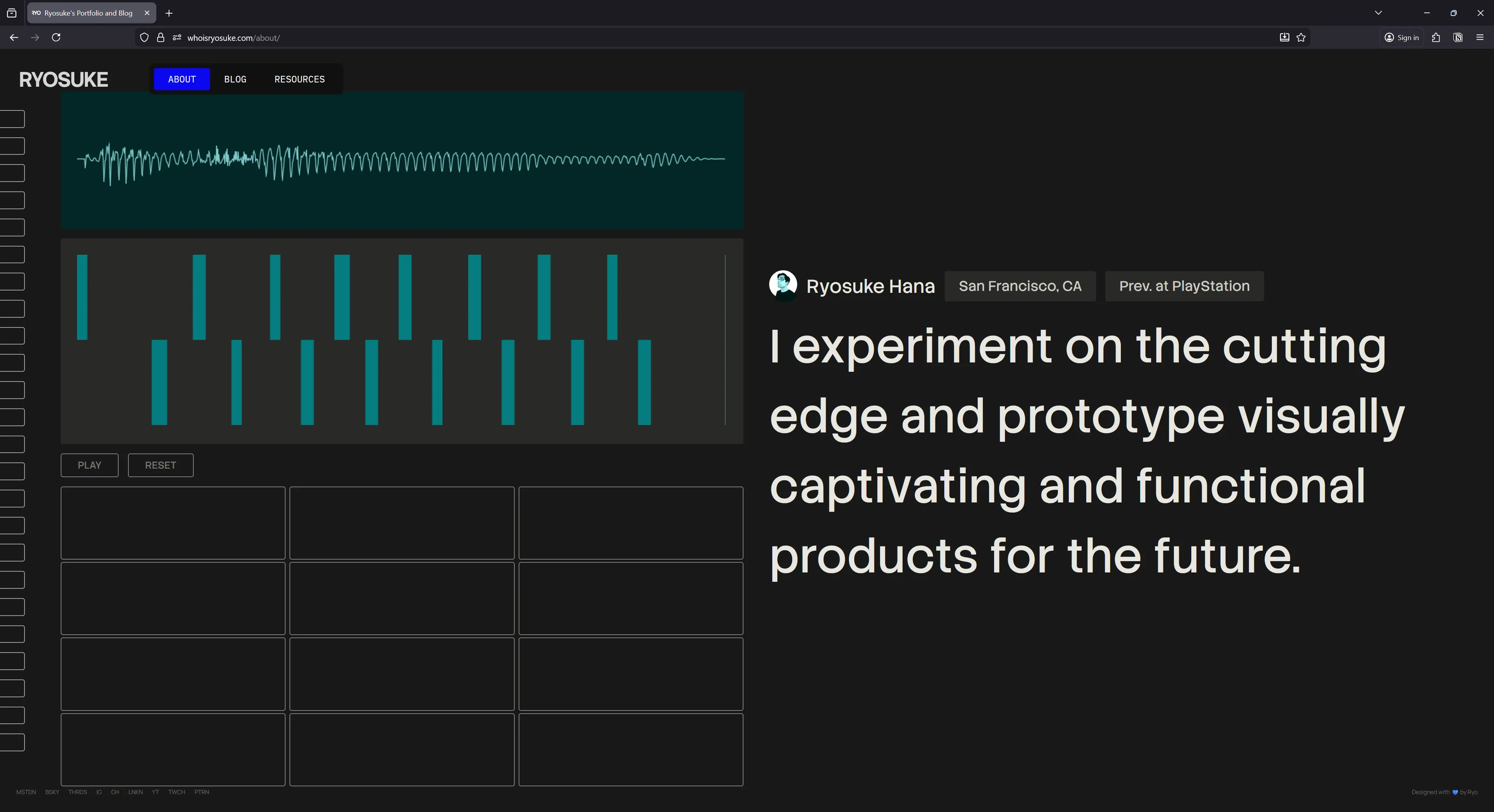 The about page my portfolio with a 2 column layout. Left is a static audio waveform, animated piano roll, and drum pad stacked vertically. And on right is a large quote from me centered reading “I experiment on the cutting edge and prototype visually captivating and functional products for the future”.