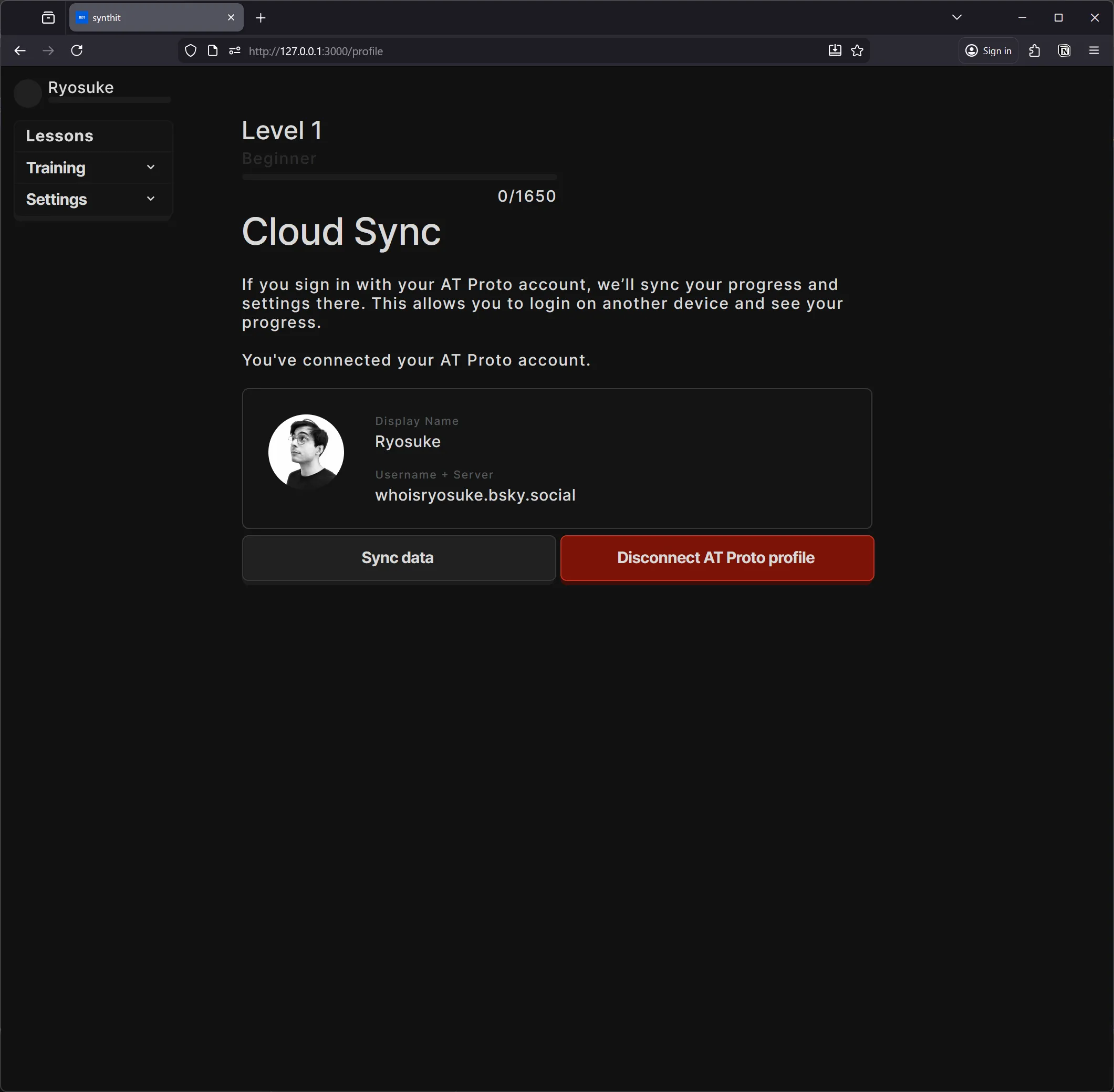 My piano app on the user profile page with a Cloud Sync section with an AT Proto user profile card, and buttons for syncing data or disconnecting the account.