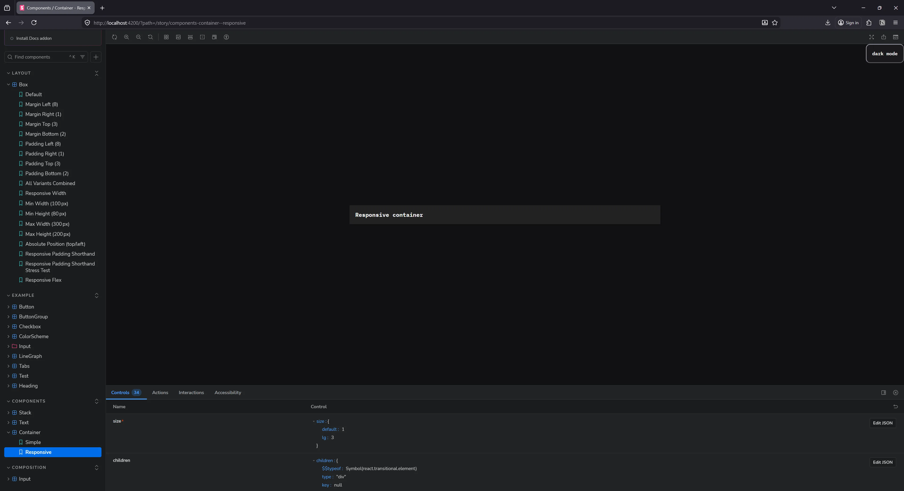 Storybook rendering our Container component