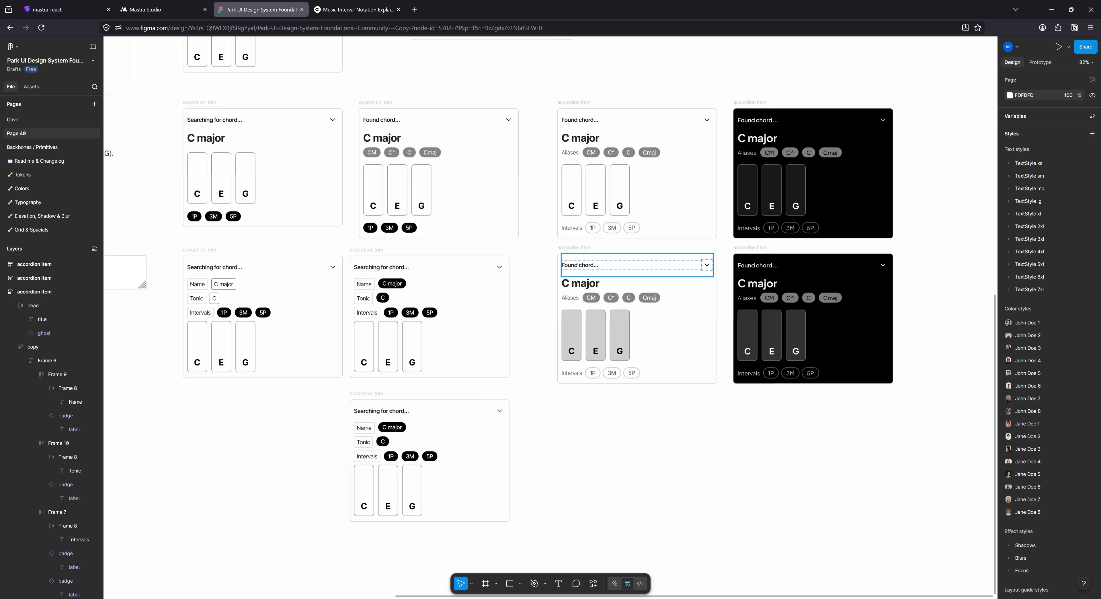Figma with various artboards for chord tool widgets with elements stacked: the chord name large on top, aliases as badges, the notes visualized as piano keys, and the intervals as badges.