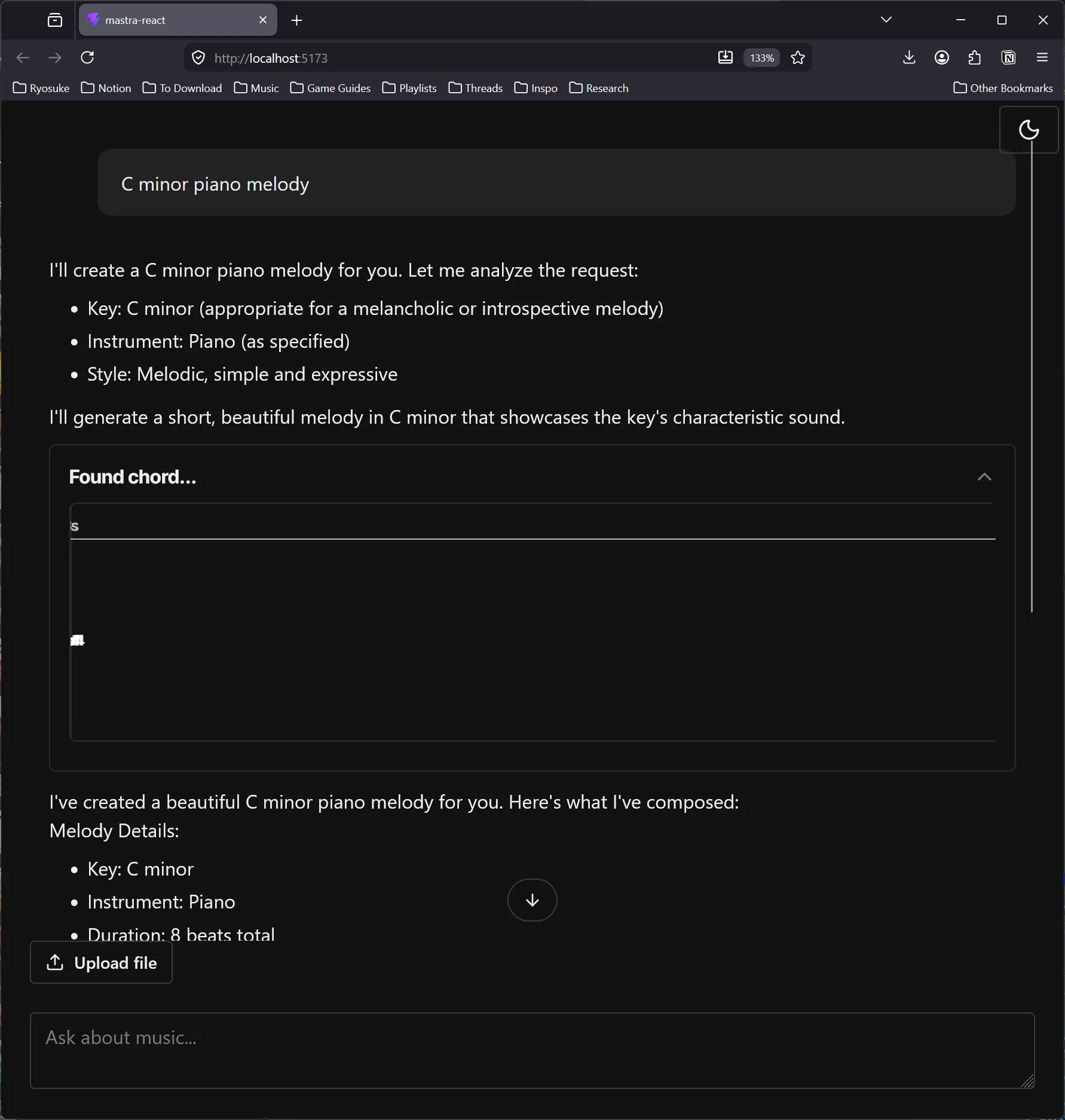 Preview of the client-side chat app with user asking a question and getting response. The tool component appears broken, with absolutely positioned elements stacking on top of eachother in one place