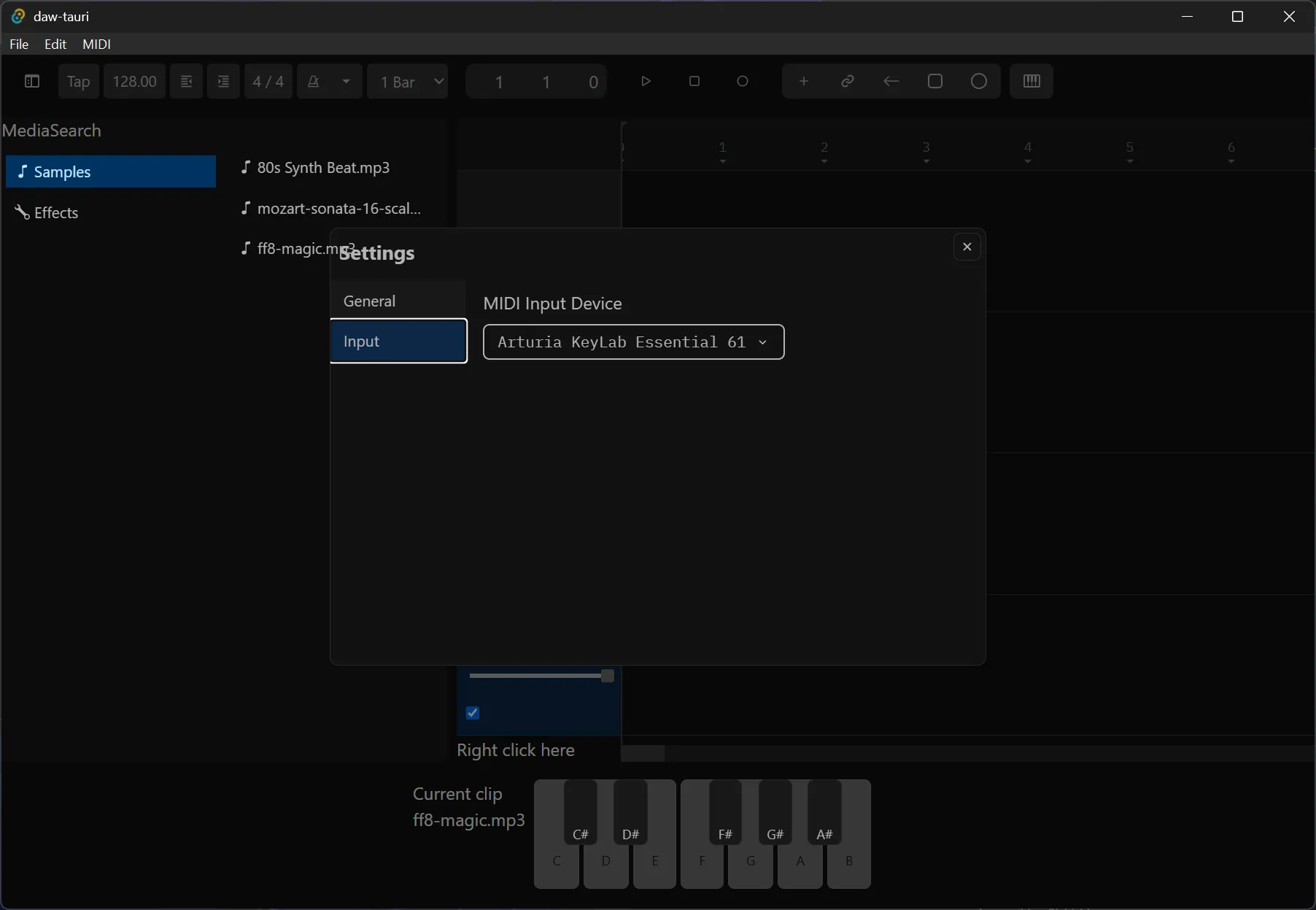 A modal in the DAW with a dropdown with the MIDI input device selected.