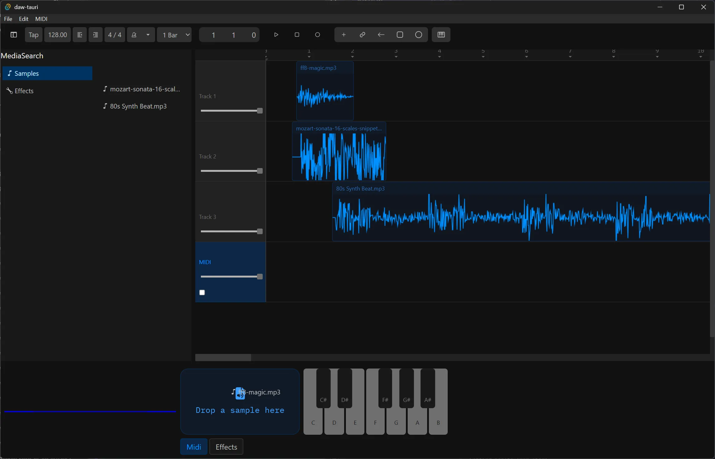 The Rust and Tauri DAW app window with a media browser, multi-track composition, and module area. The tracks have a few audio clips inside with waveforms rendered. The module area has a drop zone for samples with a sample being dragged in and a single set of piano keys beside it.